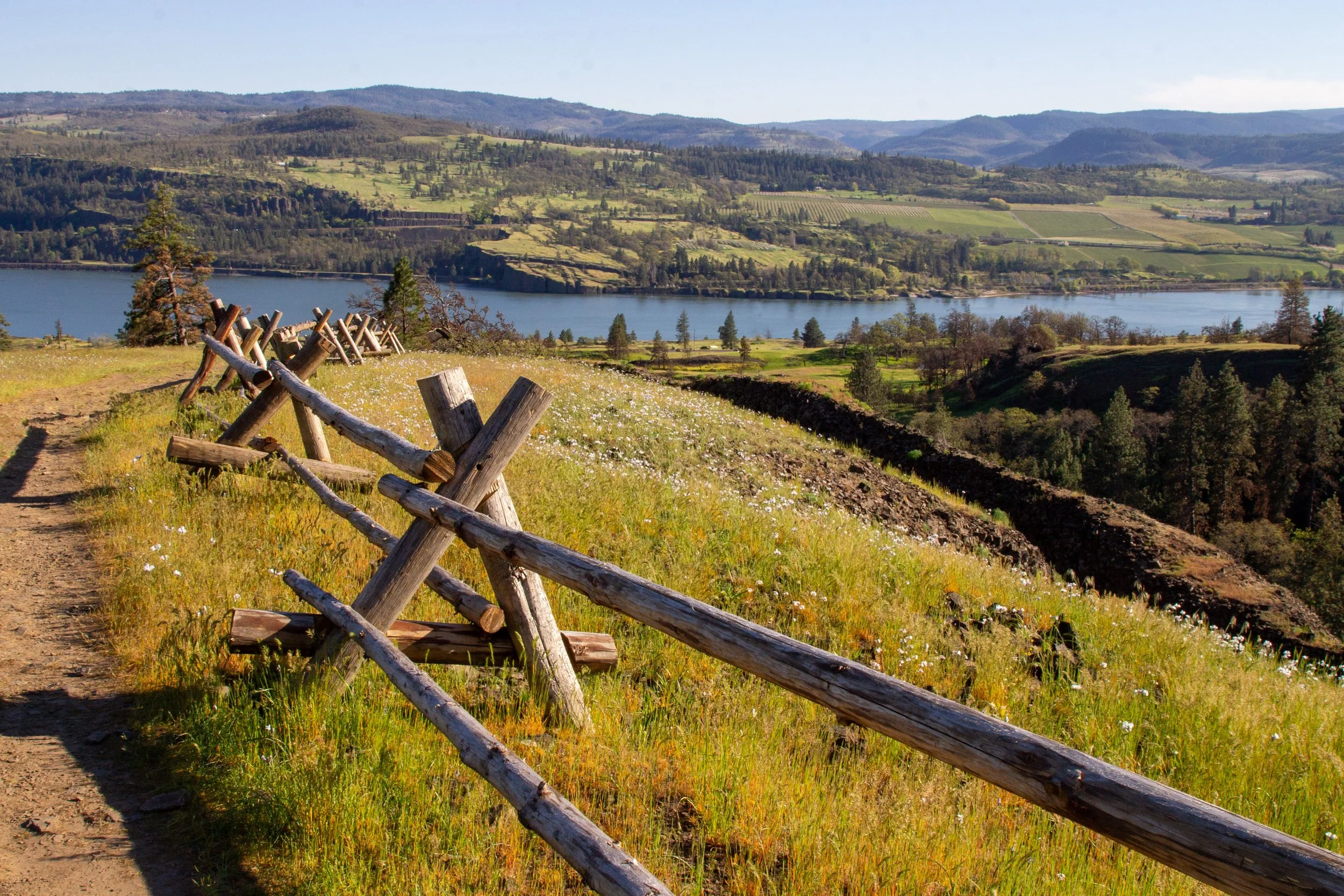 Fence along hiking trail with Columbia Gorge views