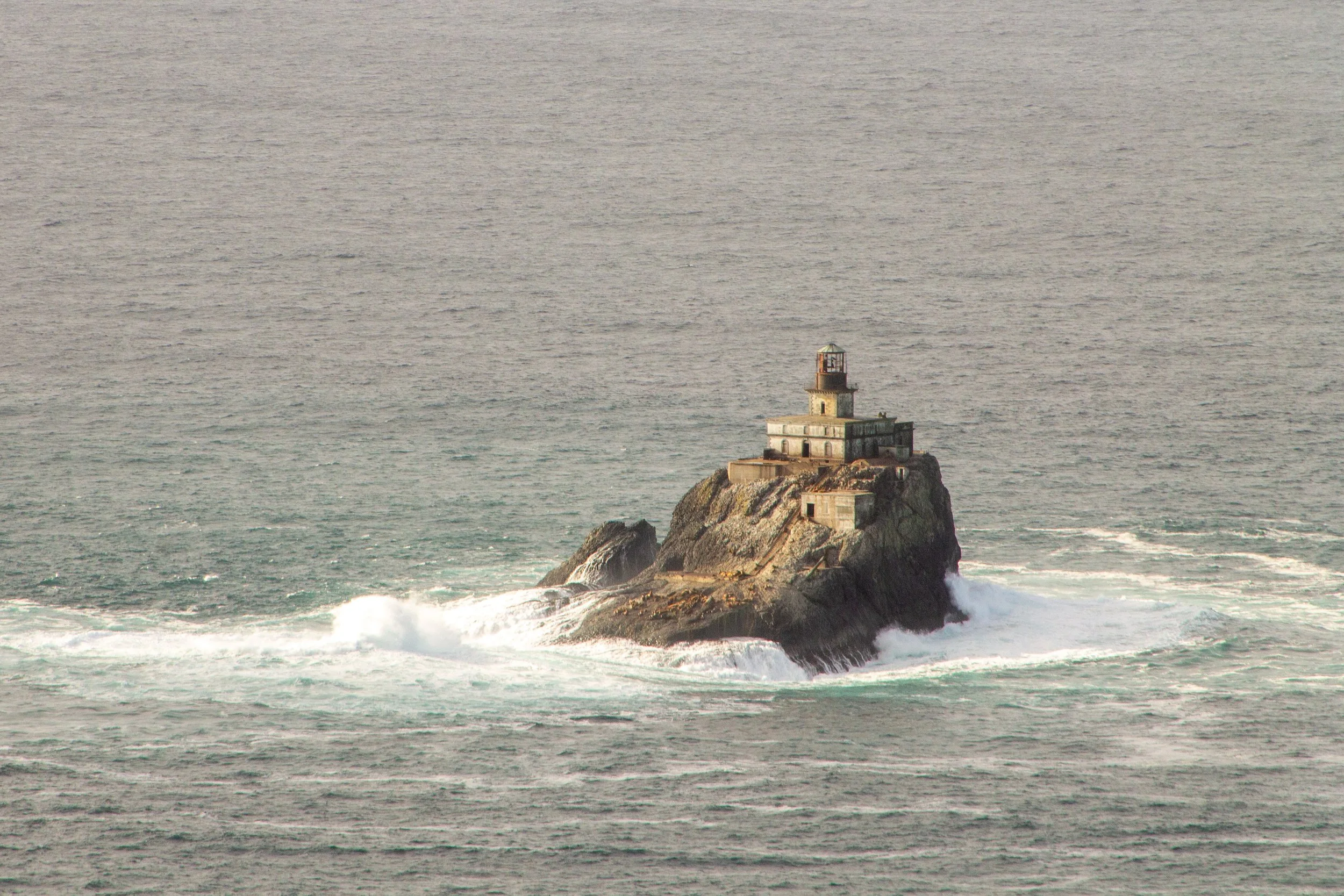 Tillamook Rock Lighthouse on island in the ocean