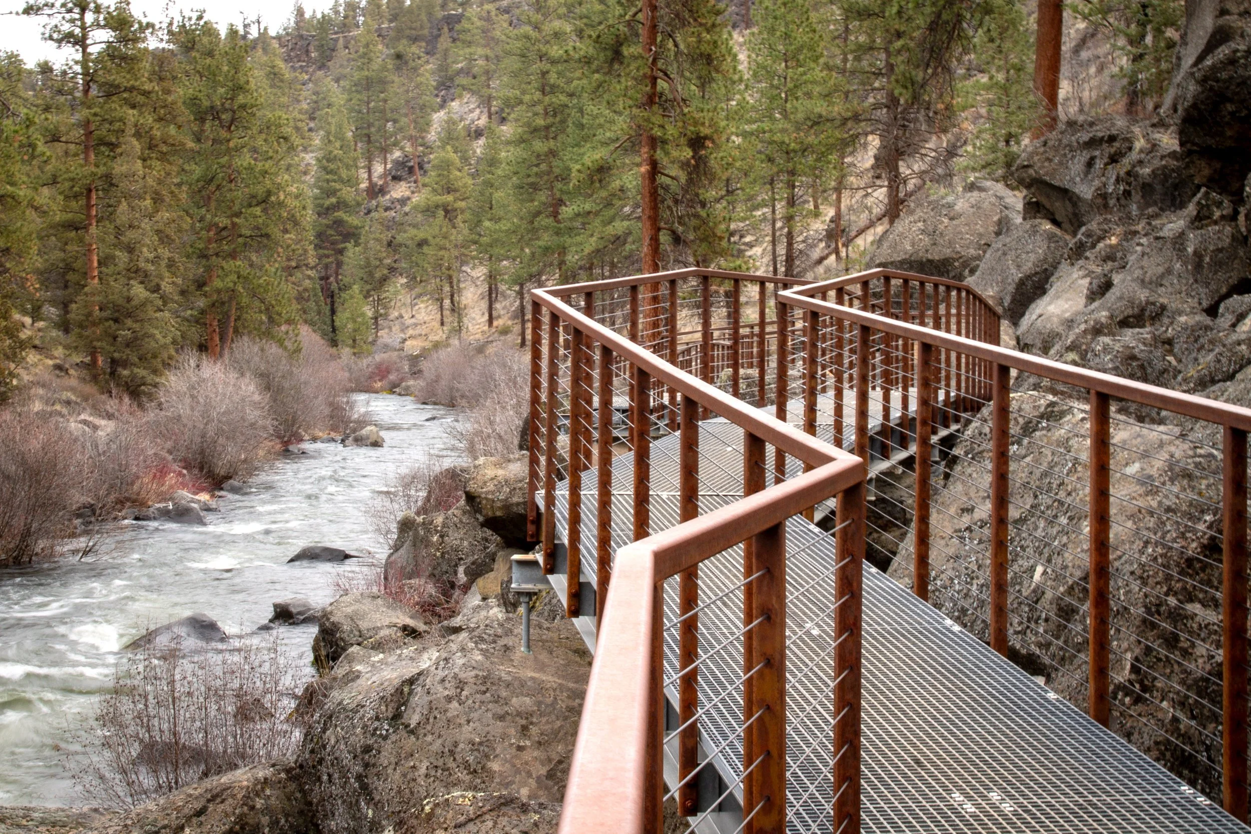 Metal walkway next to Deschutes River