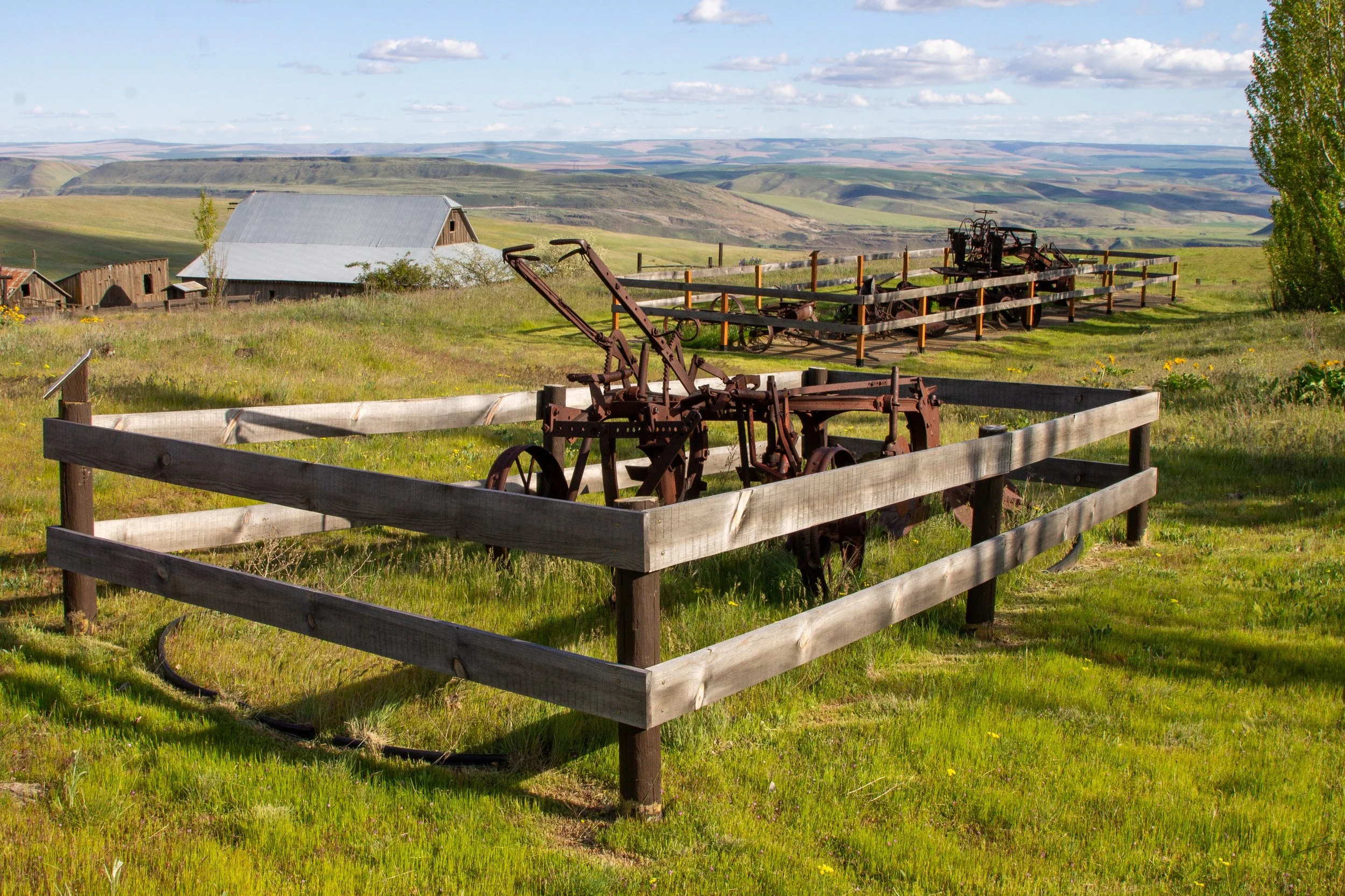 Fences around old farm equipment