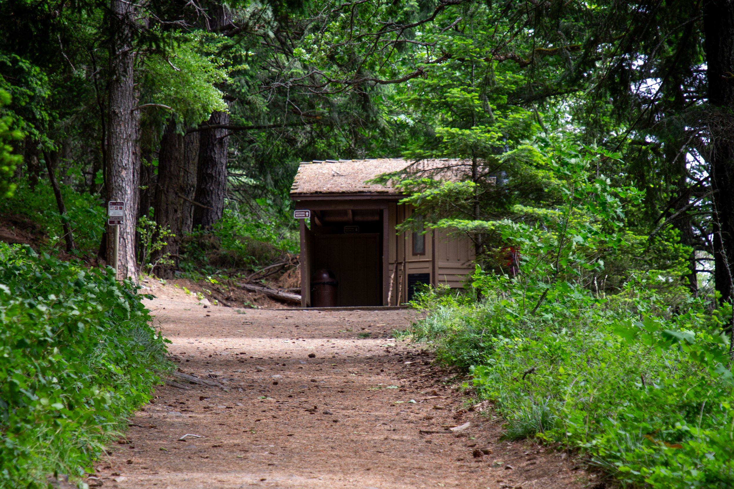 Restroom building in the woods on Dog Mountain Trail