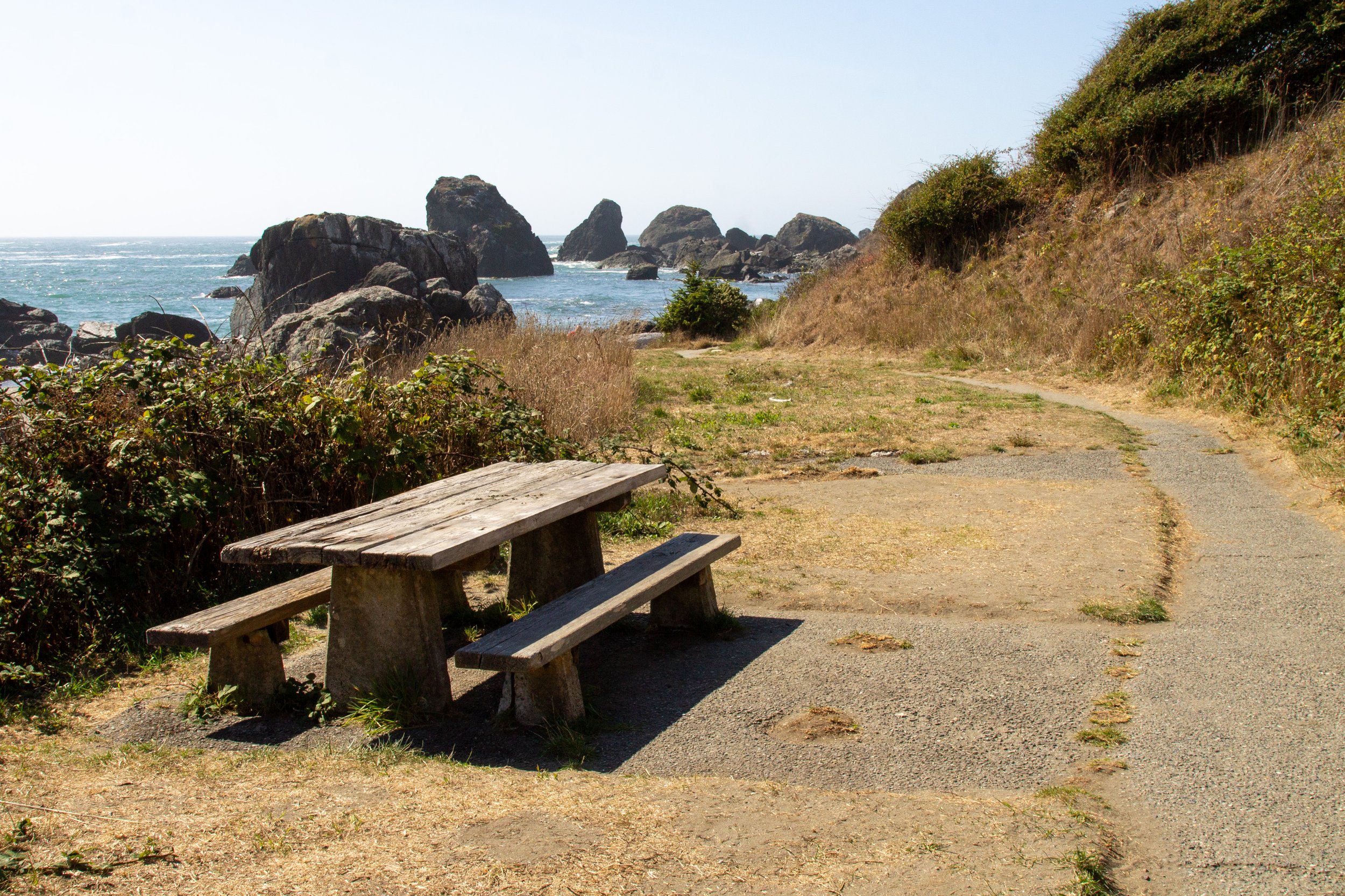 picnic table next to access trail with ocean view