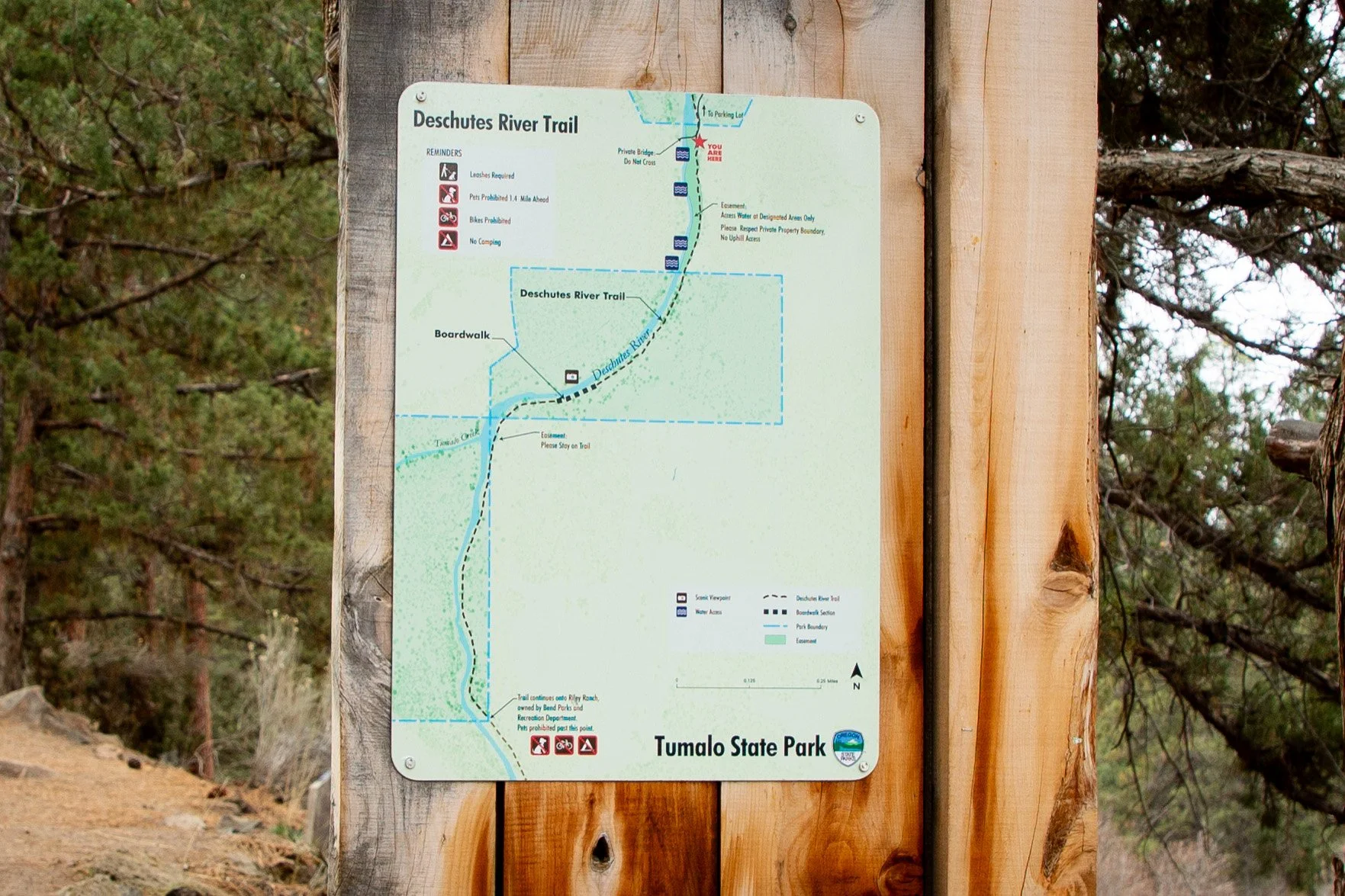 Park map for Tumalo State Park on sign