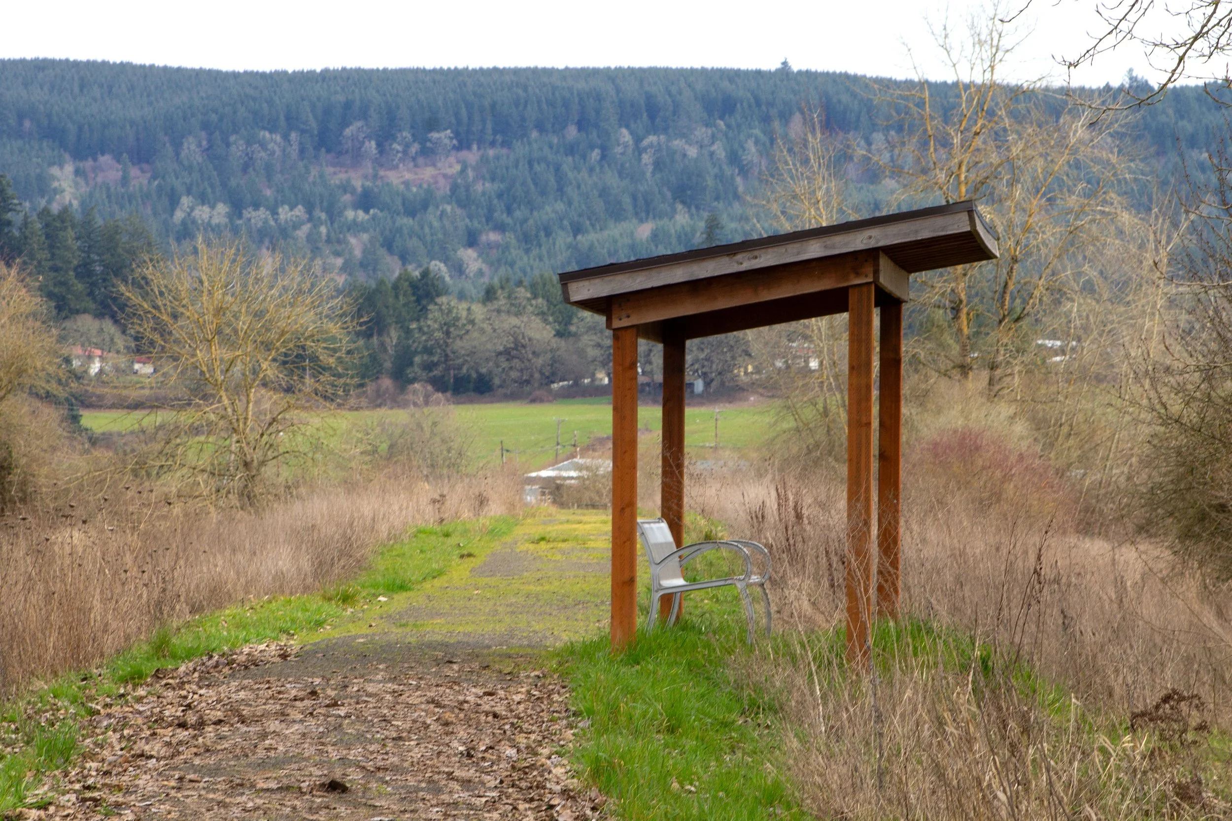 Bench with cover next to hiking trail