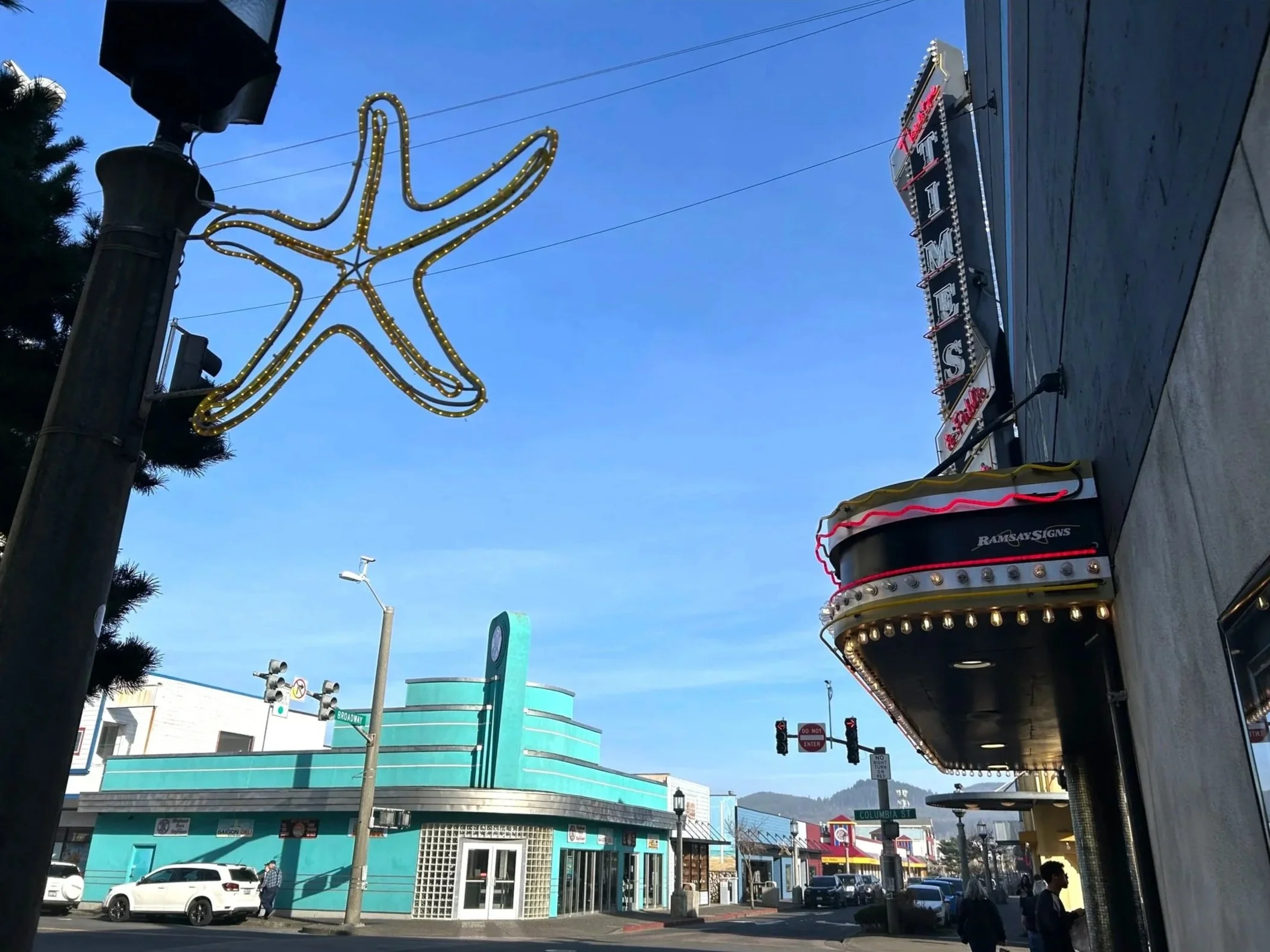 Buildings with retro look and marquis in downtown Seaside