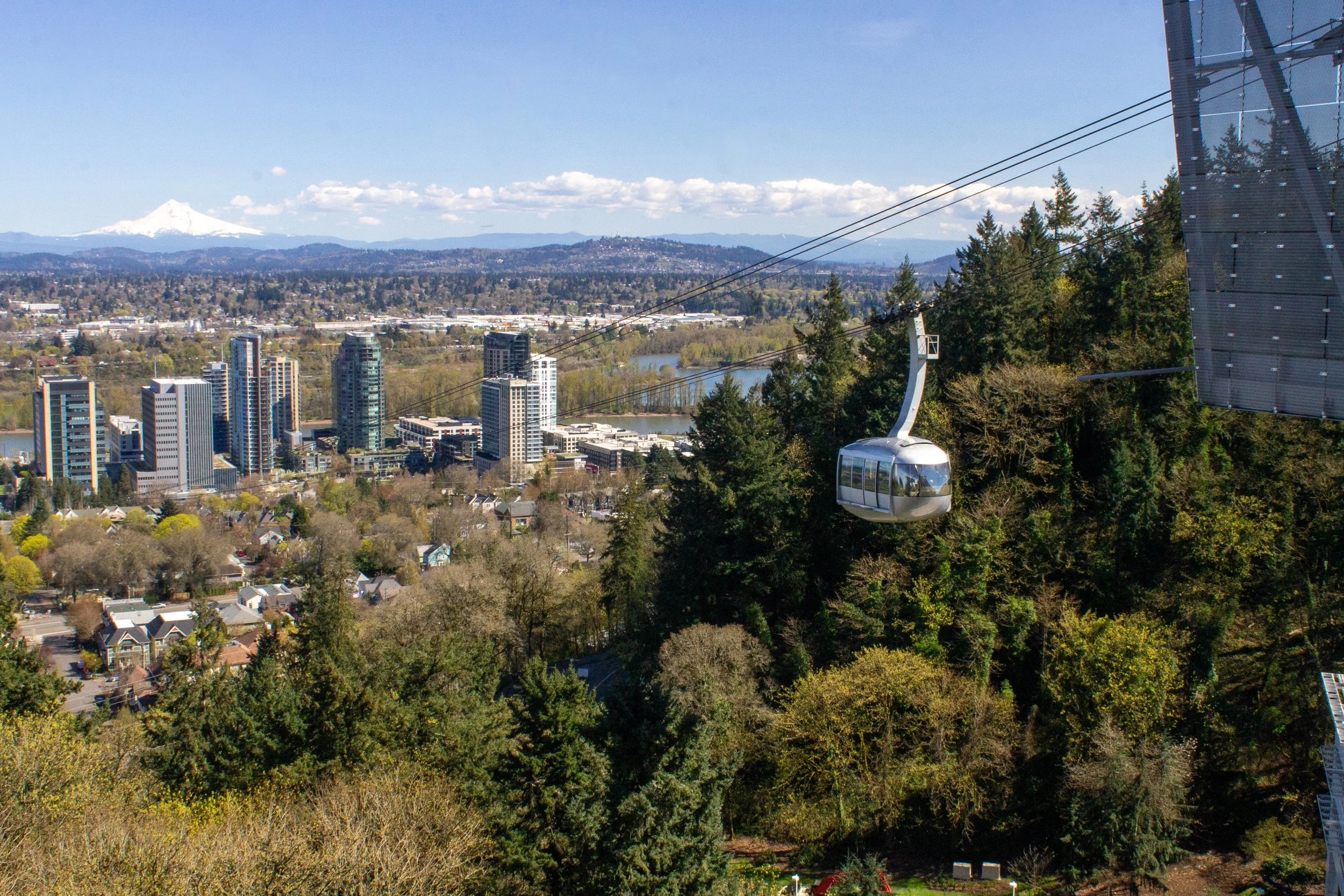Portland aerial tram car and Mount Hood view