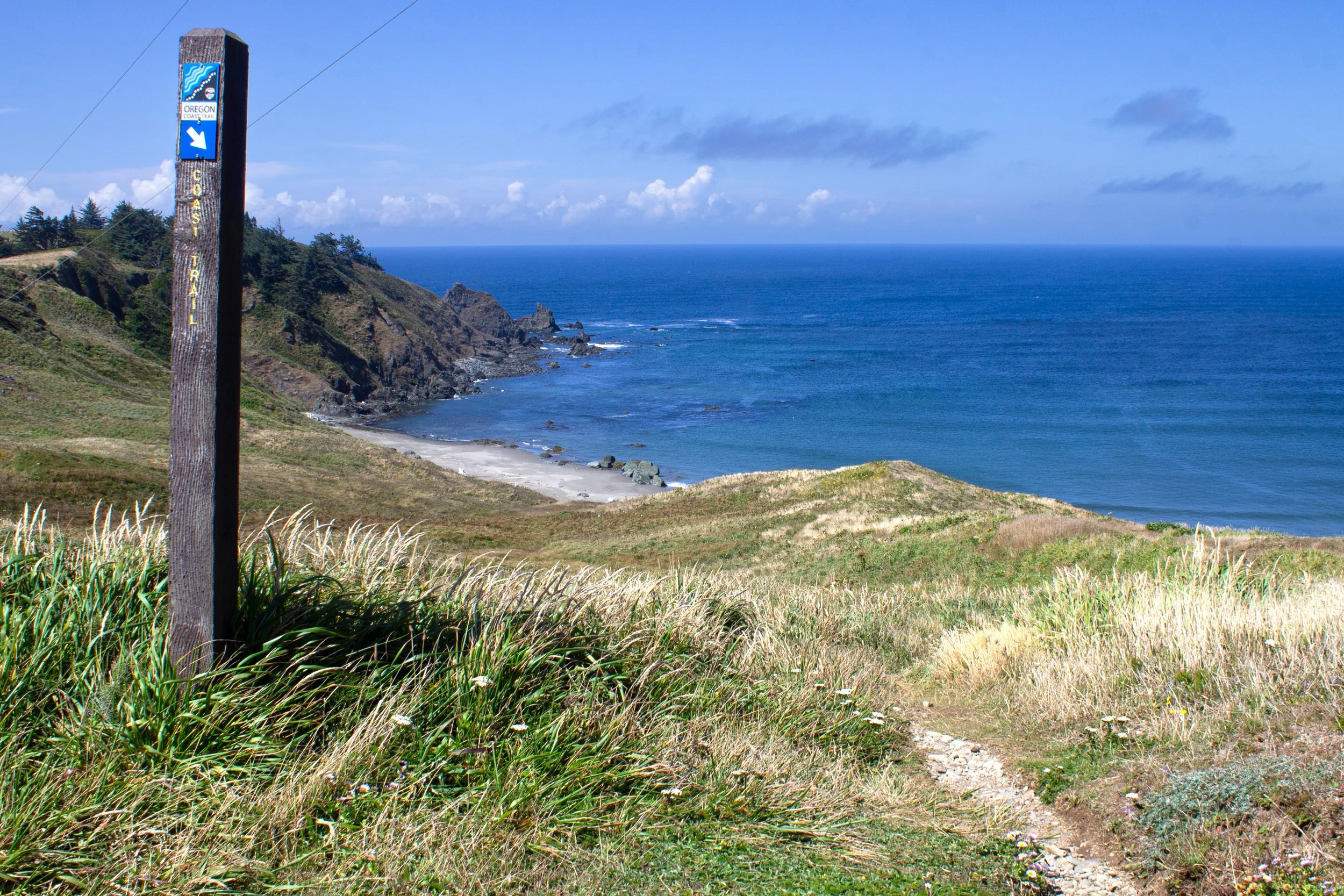 Oregon Coast Trail signpost by trail to ocean