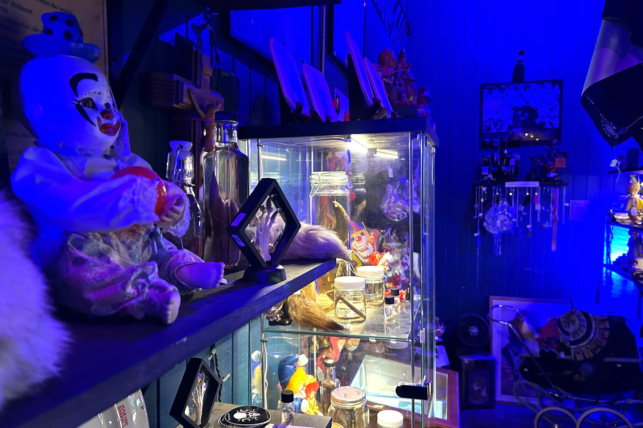 Creepy toys in dimly lit room