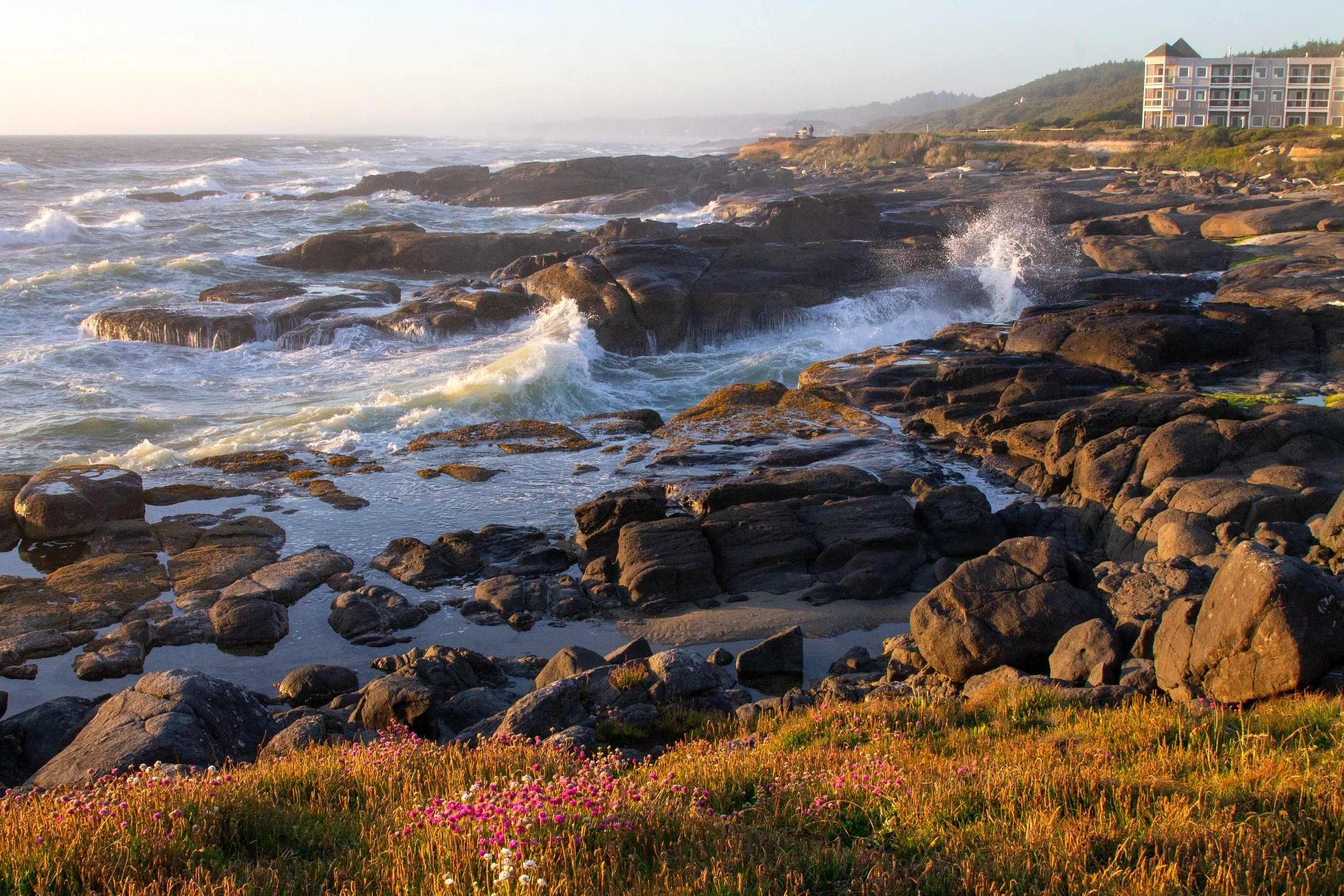 Waves against rock shore of Yachats at high tide