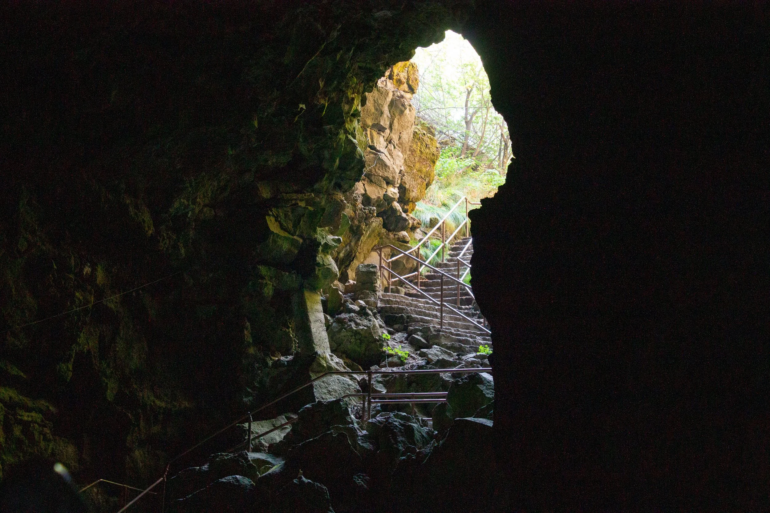 Stairs descend into the Lava River Cave
