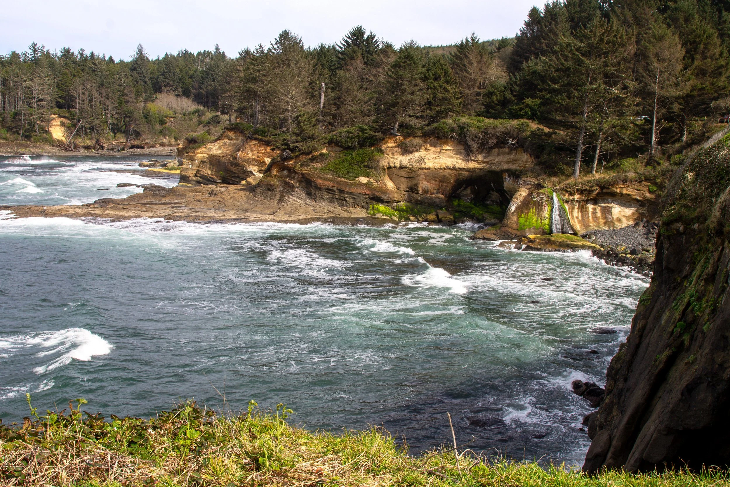 Little waterfall on rocky coastline from Boiler Bay Viewpoint