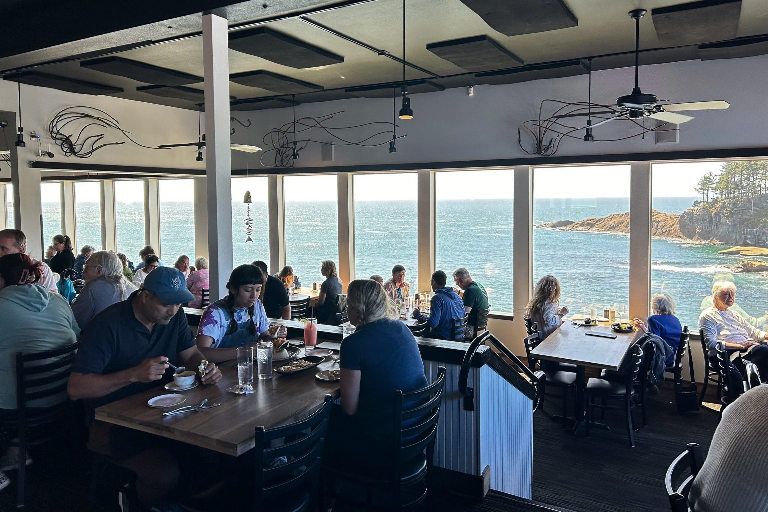 Restaurant with windows overlooking the ocean
