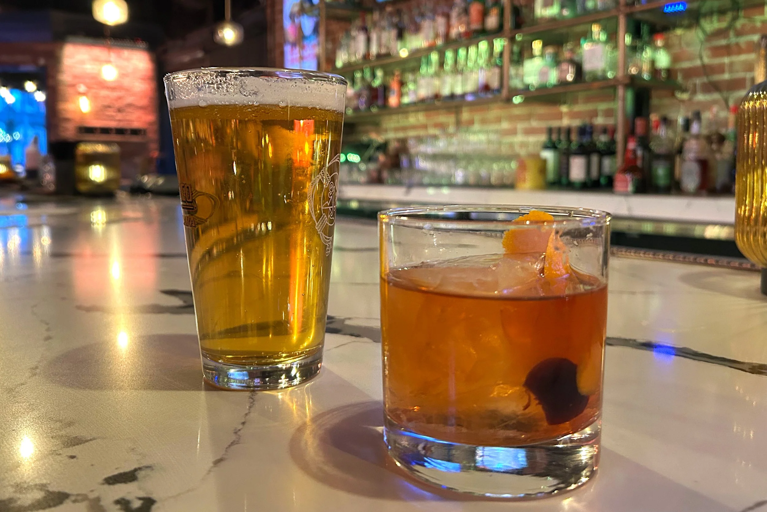 Drinks on marble bar counter