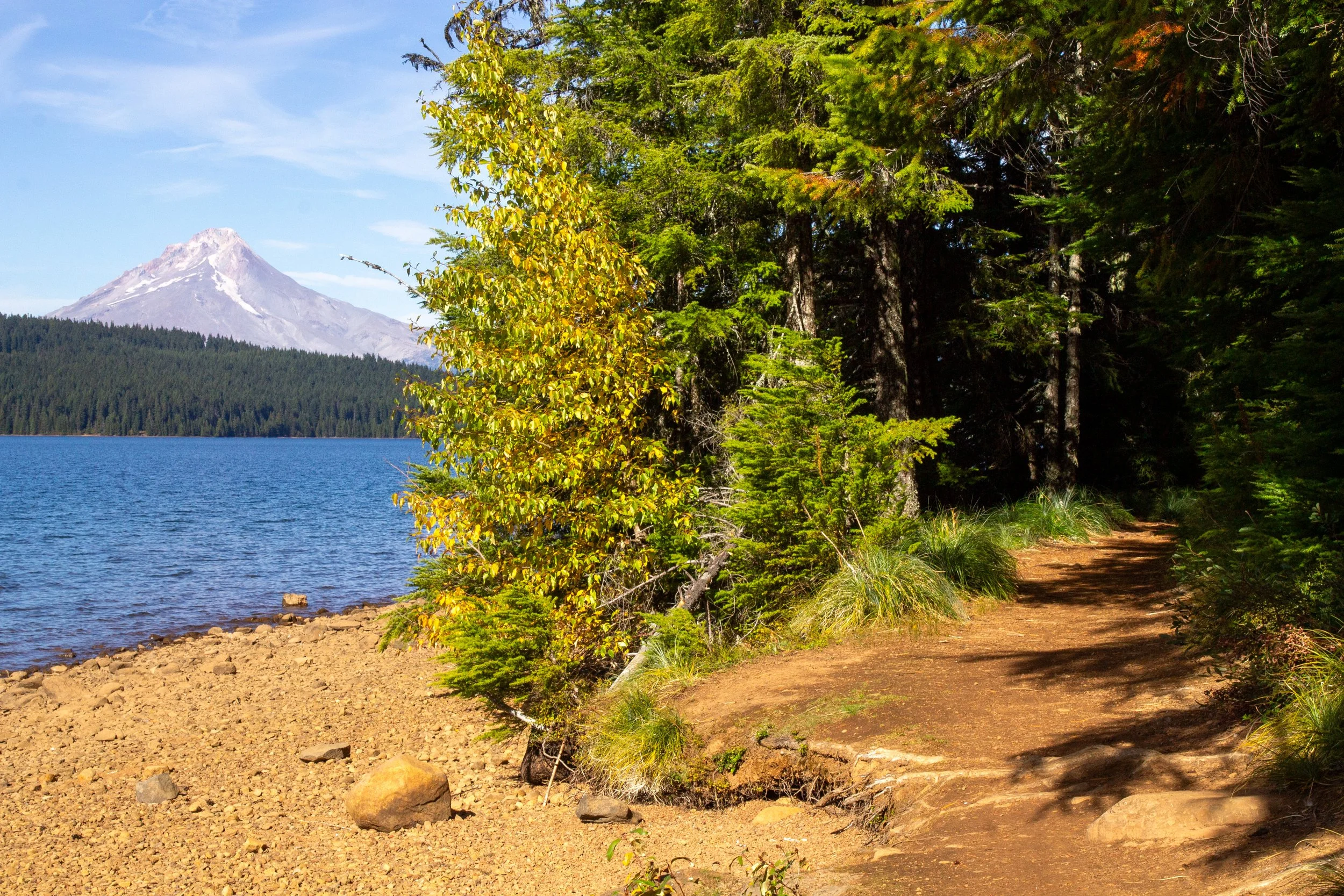 Hiking trail next to lake with view of Mount Hood