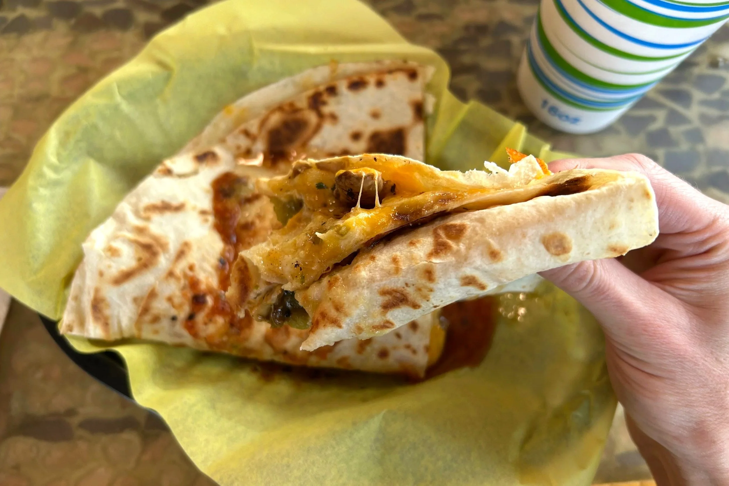 Hand holding quesadilla