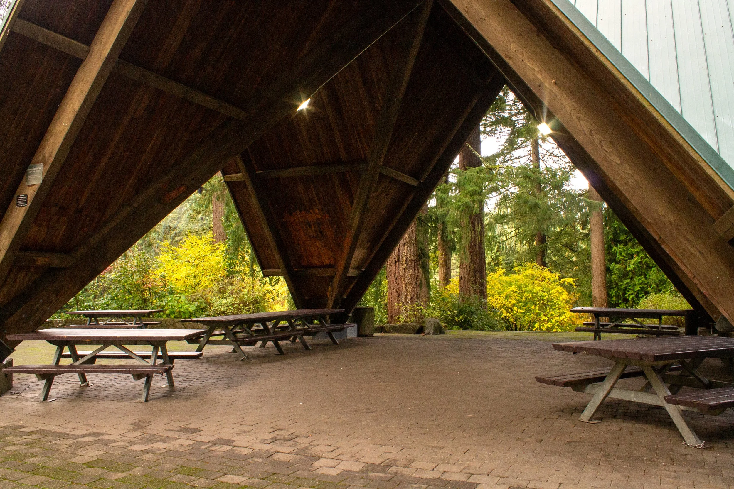 A-frame picnic shelter with tables