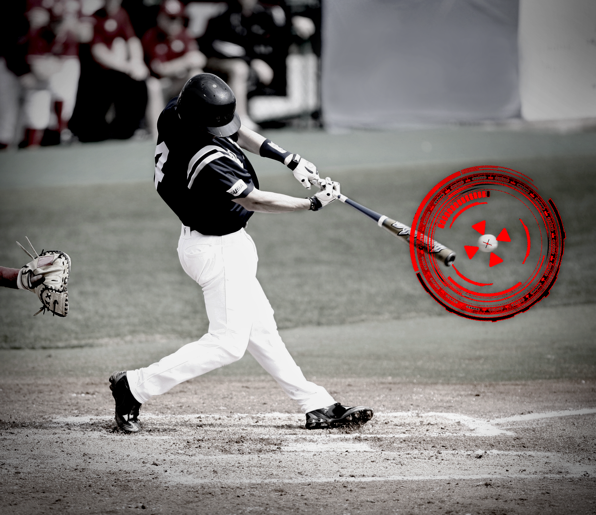 A baseball player swinging a bat at a ball, with a red digital targeting overlay on the ball, on a baseball field.