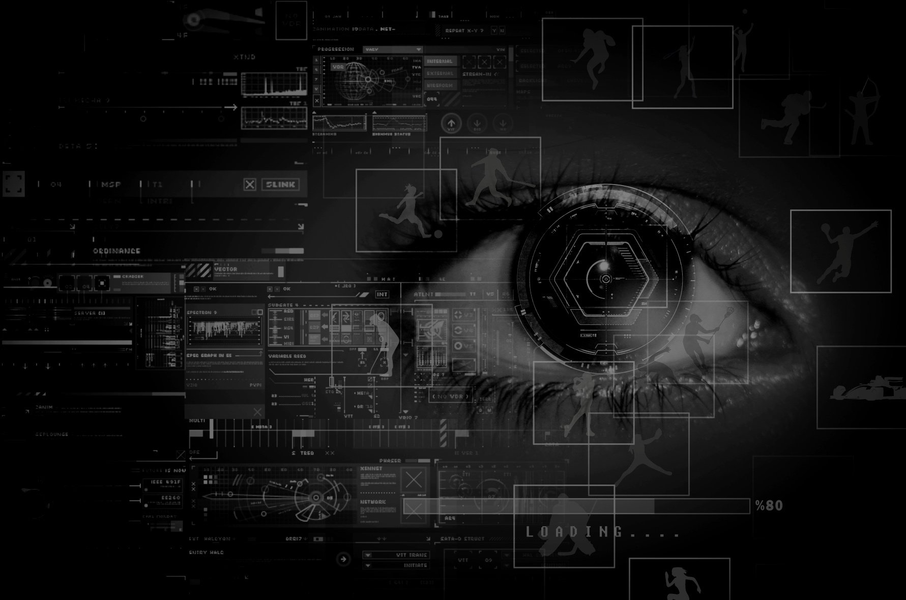A close-up of a human eye overlaid with digital interface graphics, screens, and icons depicting various data and analytics, giving a futuristic, technological appearance.