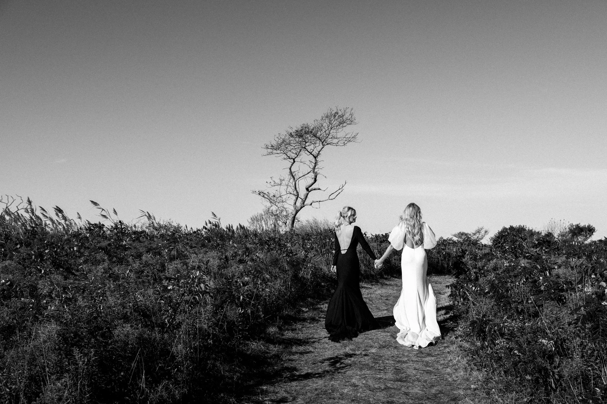 Two women in elegant dresses holding hands walking along a dirt path through a field with sparse bushes and a leafless tree in the background.