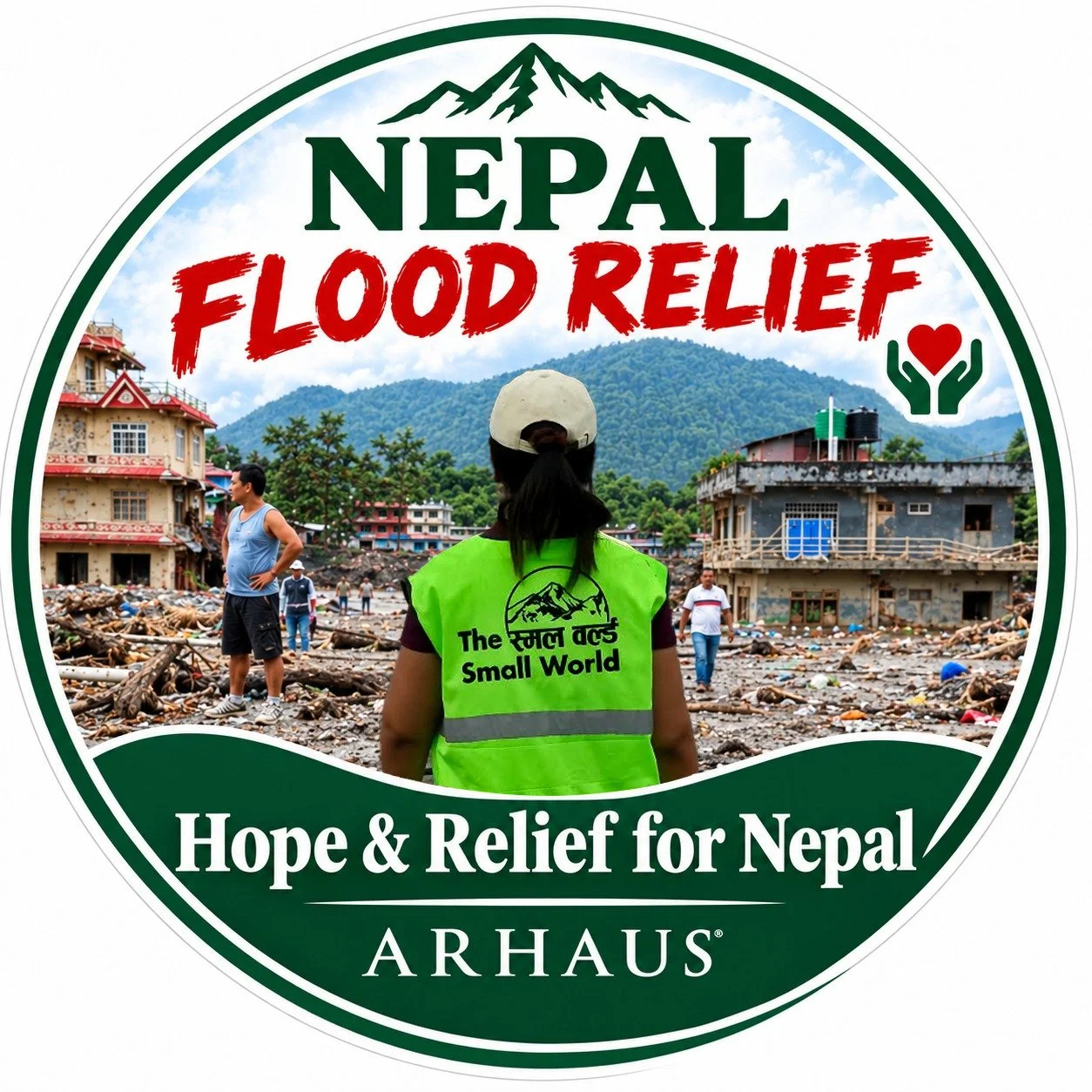 Relief volunteer in neon vest with Mountains logo, observing destruction caused by flooding in Nepal, with damaged buildings and debris, supporting flood relief efforts for Nepal.