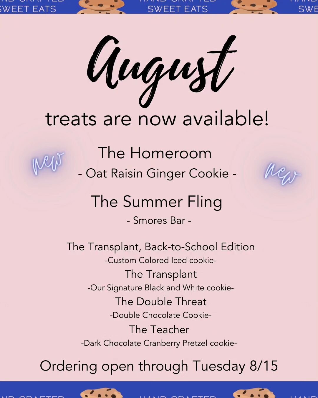 Now accepting orders for this month's treats through Tuesday 8/15.

*NEW* The Homeroom
Soft oatmeal with golden raisins and crystallized ginger

Orders delivered 8/19 or 8/20