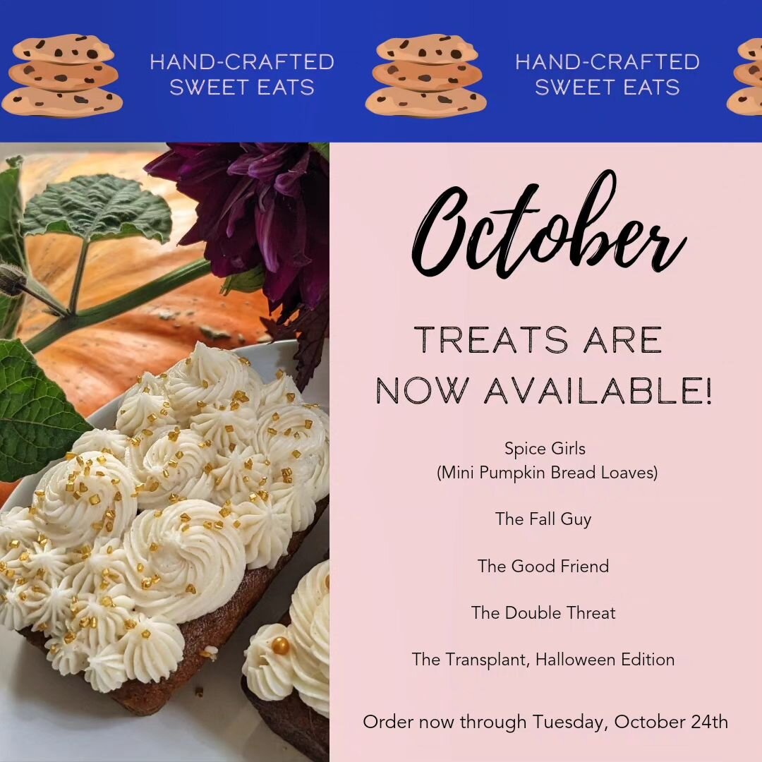 🍪Order now for deliveries on 10/28 and 10/29! 🍪

*Spice Girls* - mini pumpkin bread loaves with brown butter cream cheese frosting

*Fall Guy* - honey peanut and toffee cookie

*Good Friend* - peanut butter and chocolate chip cookie

*Double Threat