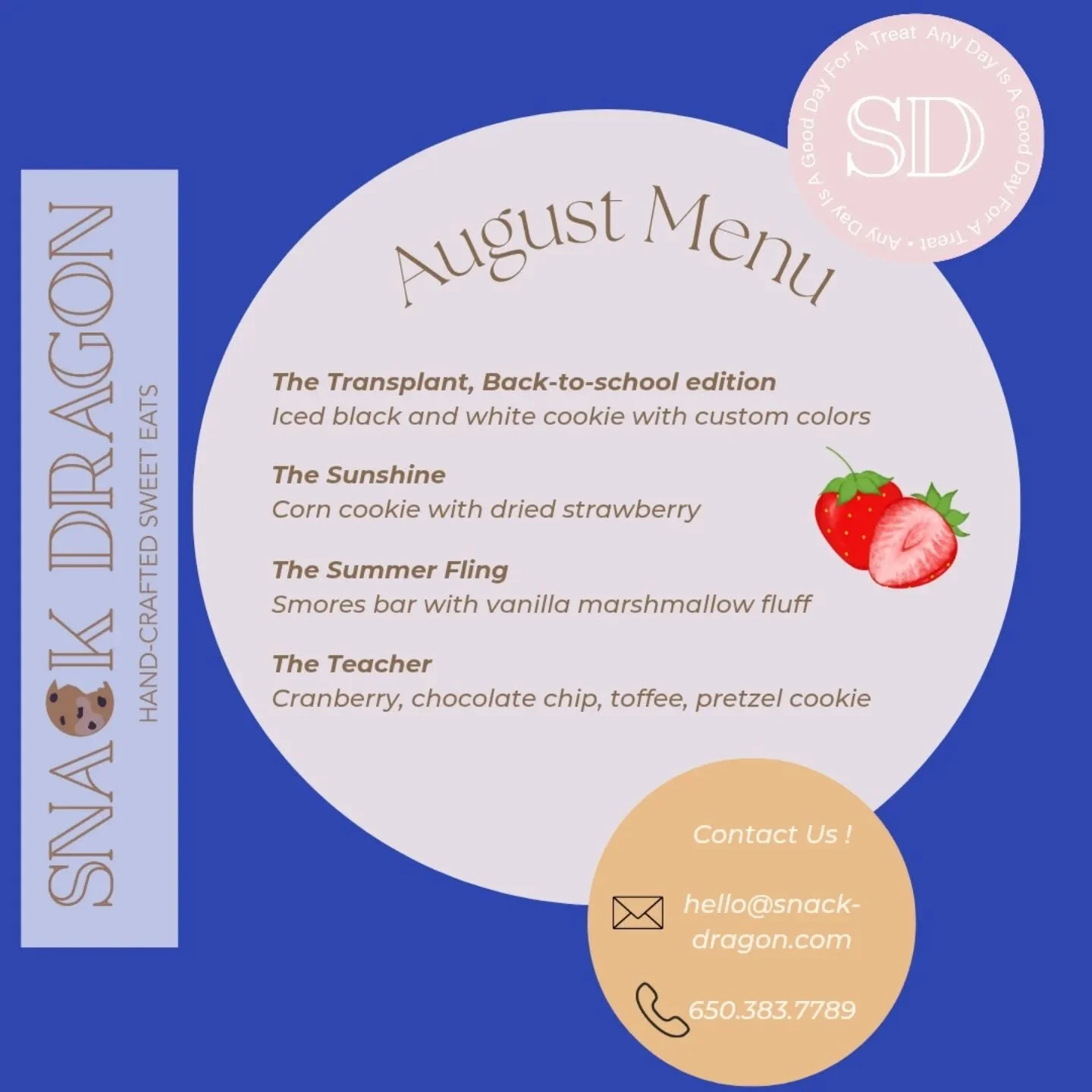 The August menu is available! 
All treats will be delivered Sunday, 8/24
The Corn-Strawberry cookie is a seasonal delight that should not be missed.

#backtoschooltreats #losaltosca #cookiedelivery #sunnyvaleca #mountainviewcalifornia #portolavalley 
