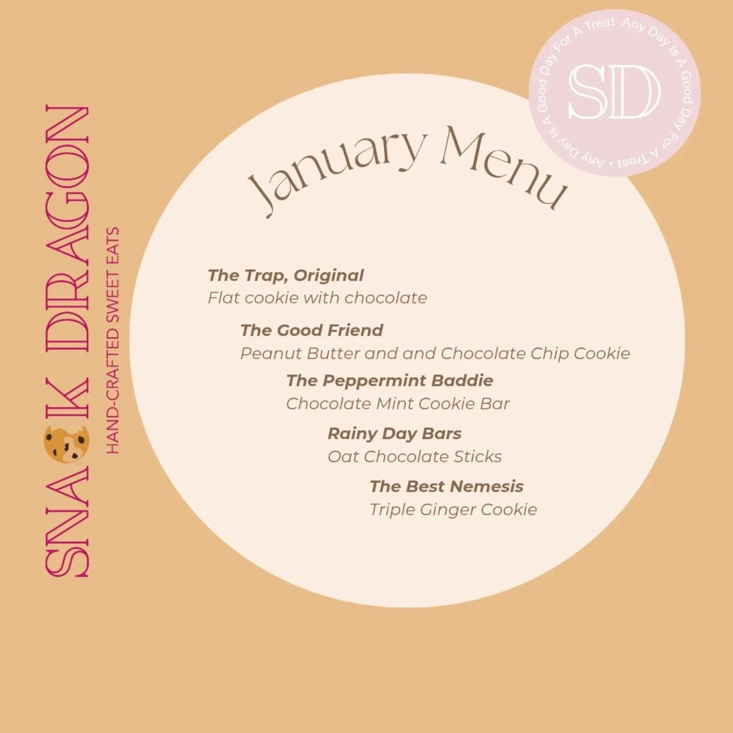 Our January menu is available! 
Ordering through the website is open through Wednesday 1/21.

*NEW* The Peppermint Baddie - a refreshing chocolate mint cookie bar

*NEW* The Best Nemesis - a triple ginger cookie for those of us who love a cookie that