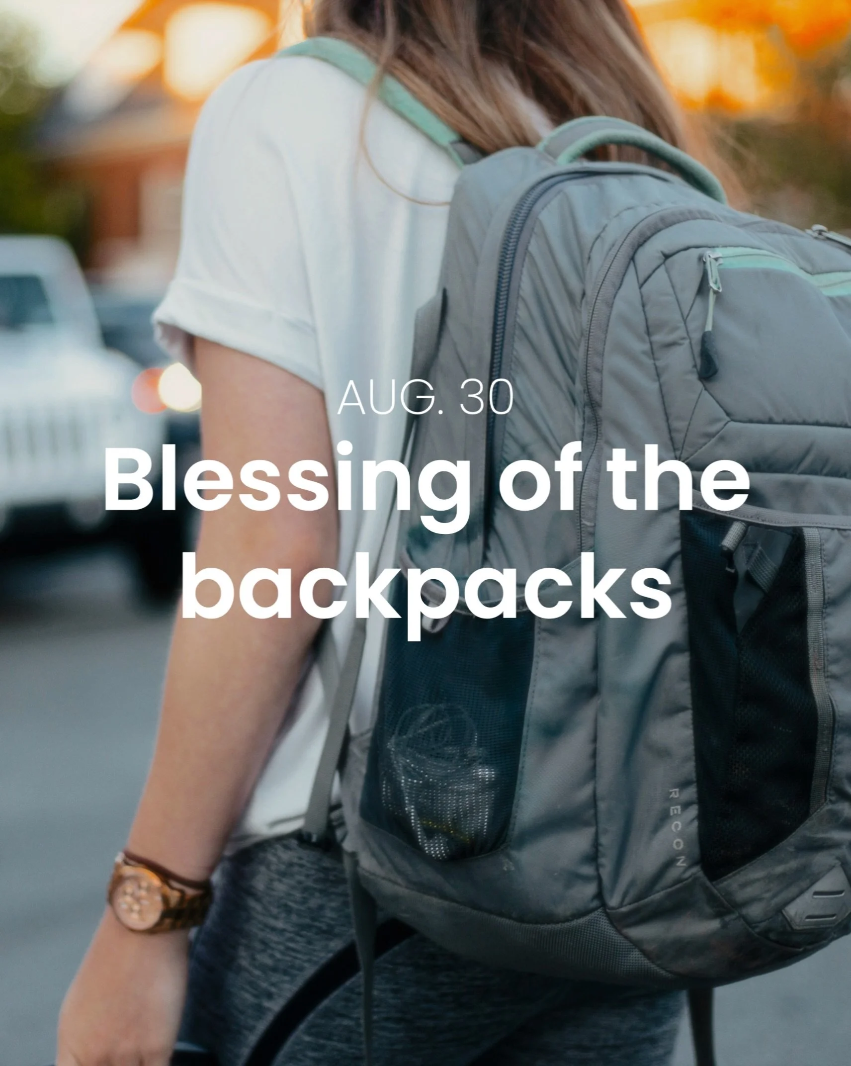 All students, teachers, and administrators are invited to bring their backpacks to church on Sunday, August 30, as we pray over them and the new school year. Each will receive a keychain for their backpack as a reminder that God goes with them.
