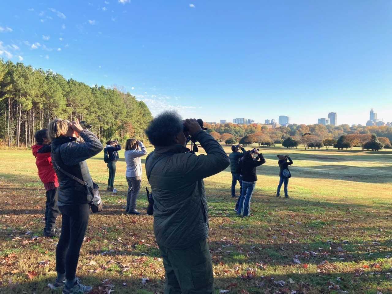 group of bird watchers in dix park in Raleigh NC