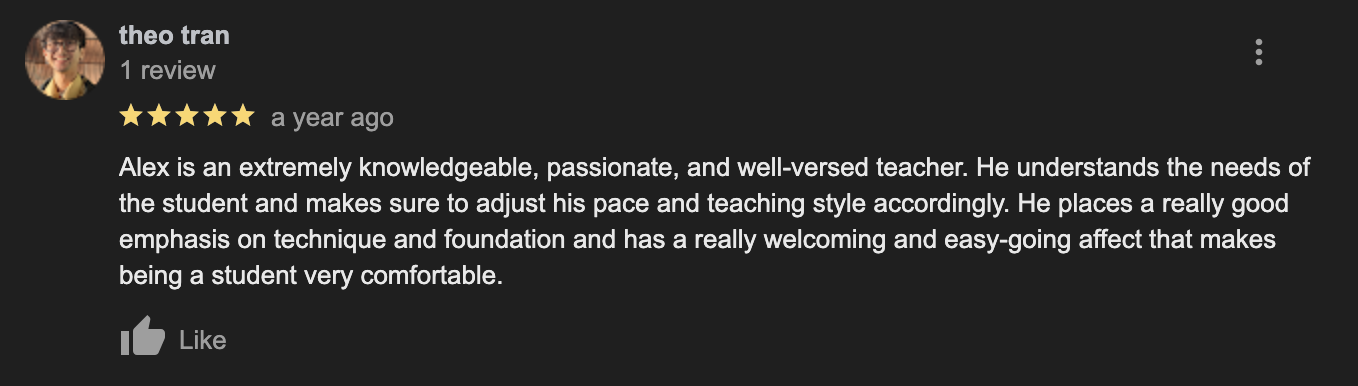 Review of a teacher named Alex, praising his knowledge, passion, and adaptable teaching style. Review by Theo Tran, with a five-star rating and a positive description about feeling comfortable as a student due to Alex's approach.