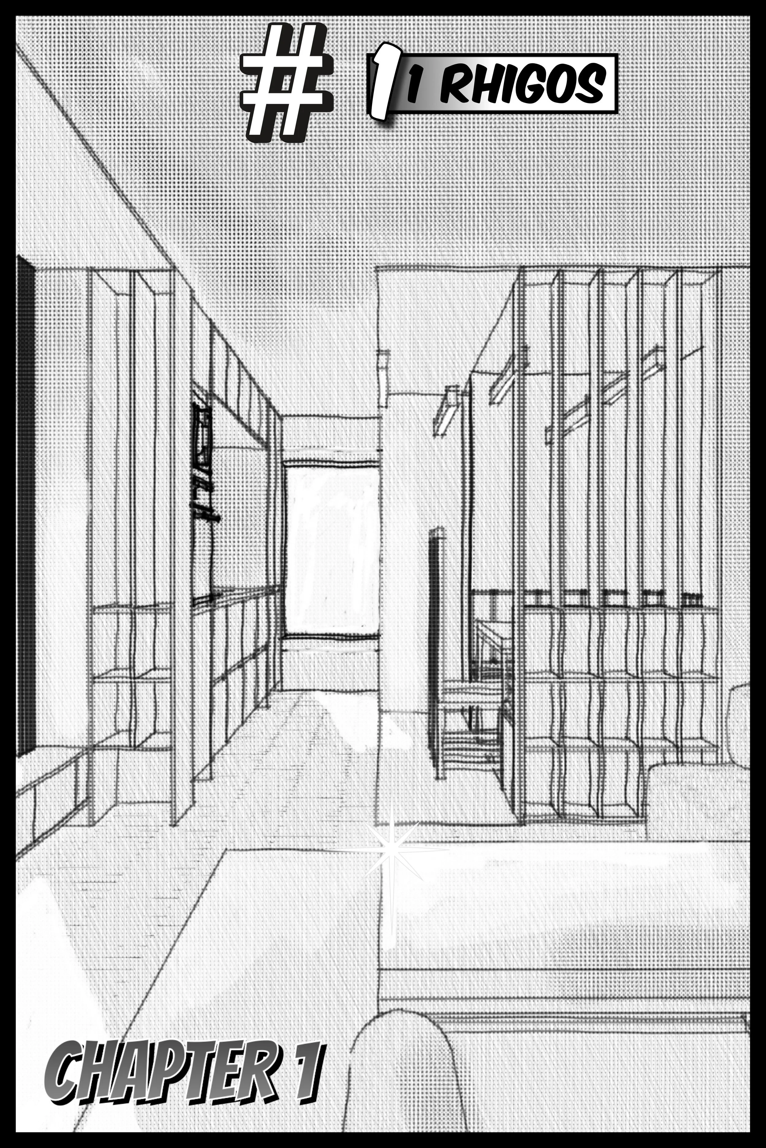 Cover page of a manga or comic book chapter showing a perspective view of an interior room with shelves and lockers, with text indicating chapter 1 and a score of 1 Rhigos.