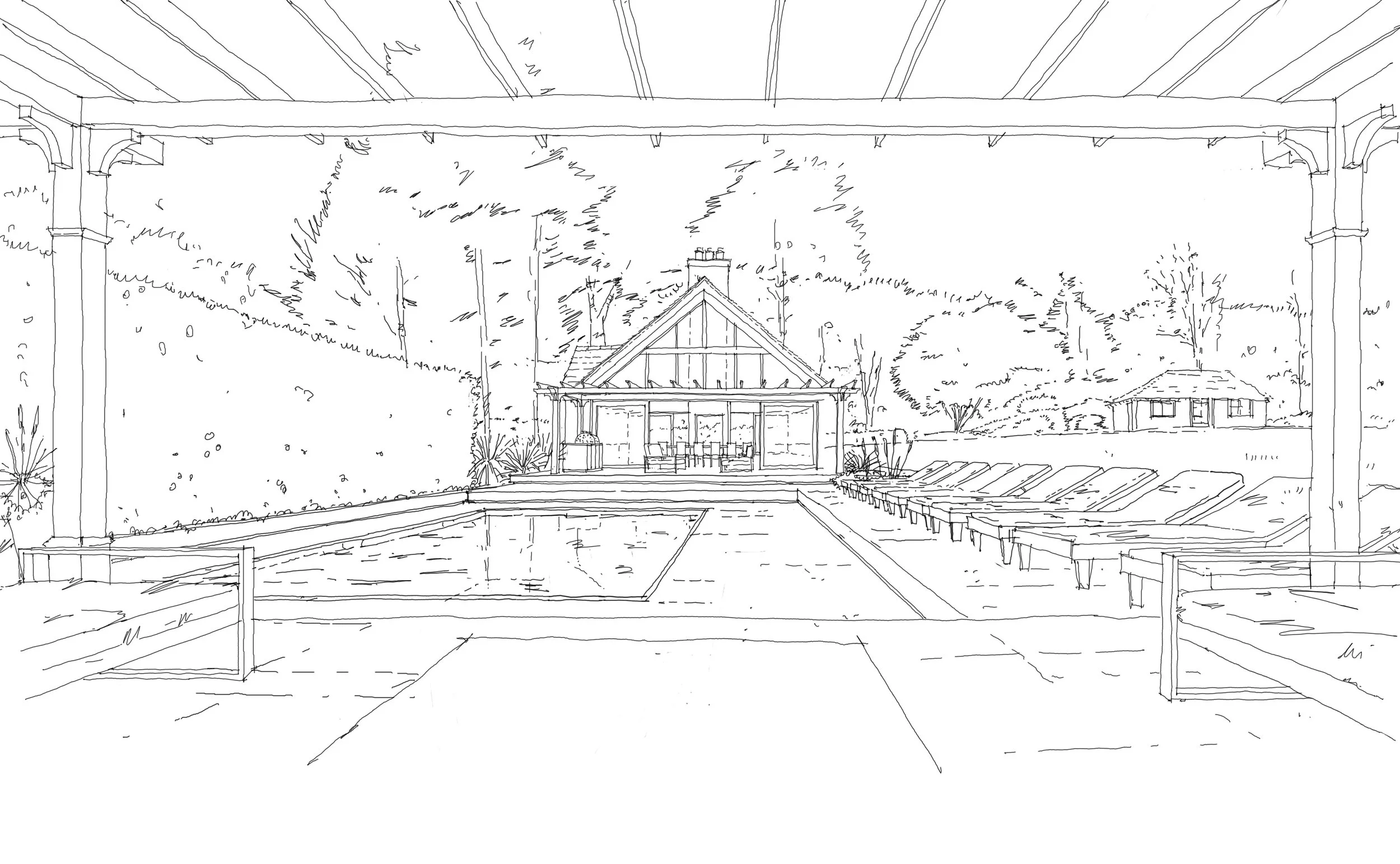 A line drawing of a backyard patio with a swimming pool, a dining area under a gabled roof, and surrounding trees and landscape.