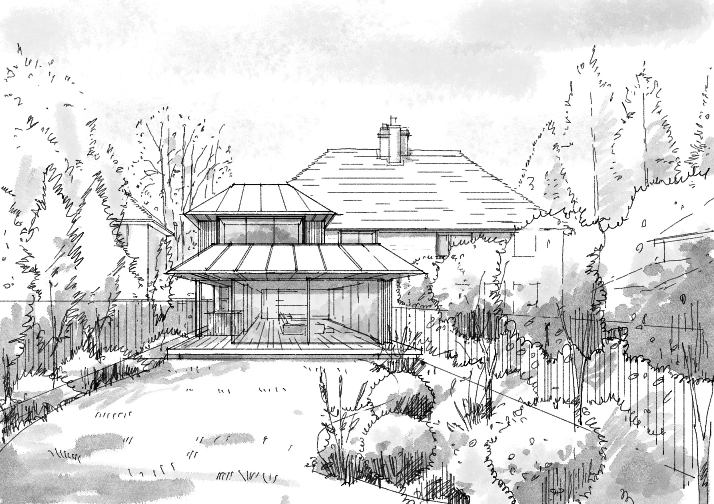 Sketch of a house with a covered patio, chimney, and surrounding trees and foliage.
