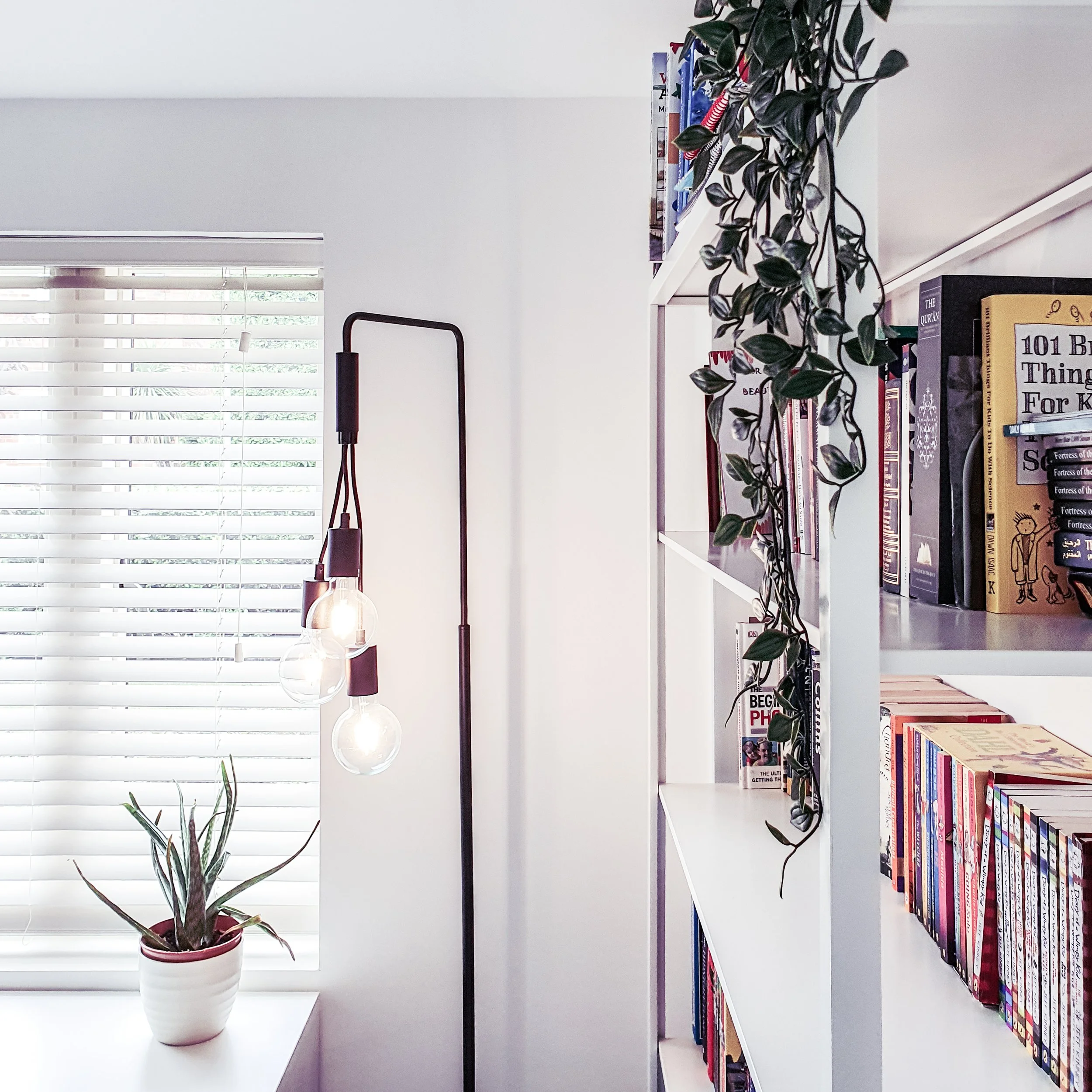A white shelf with potted plant, books, and a white and black shelving unit with more books, a window with blinds, and a lamp above the shelf.