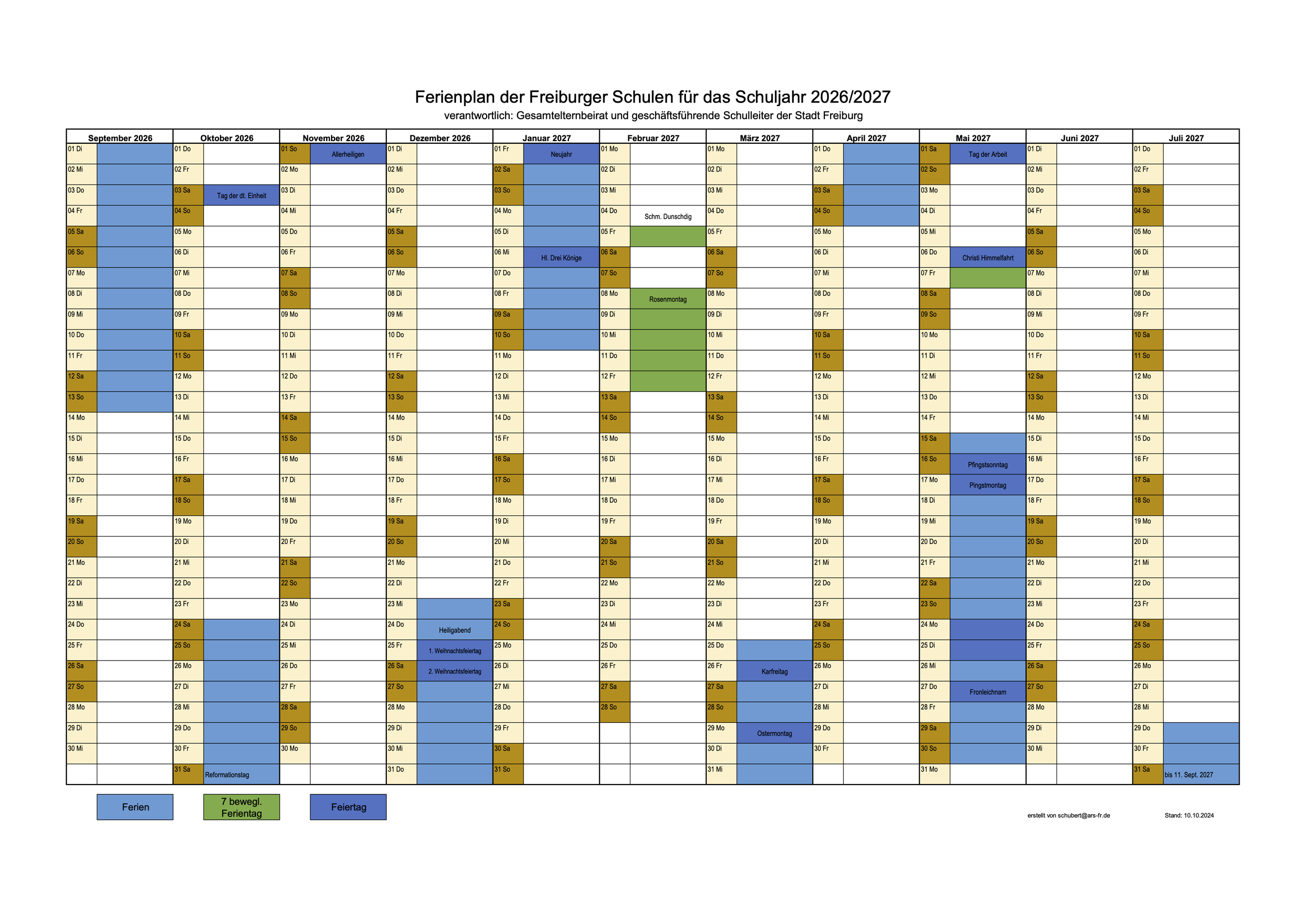 Ferienplan der Freiburger Schulen für das Schuljahr 2026/2027 (Vorschau)