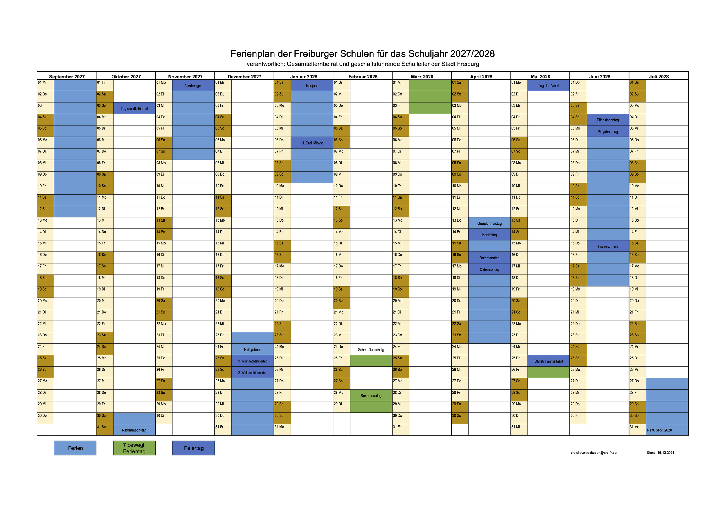 Ferienplan der Freiburger Schulen für das Schuljahr 2027/2028 (Vorschau)