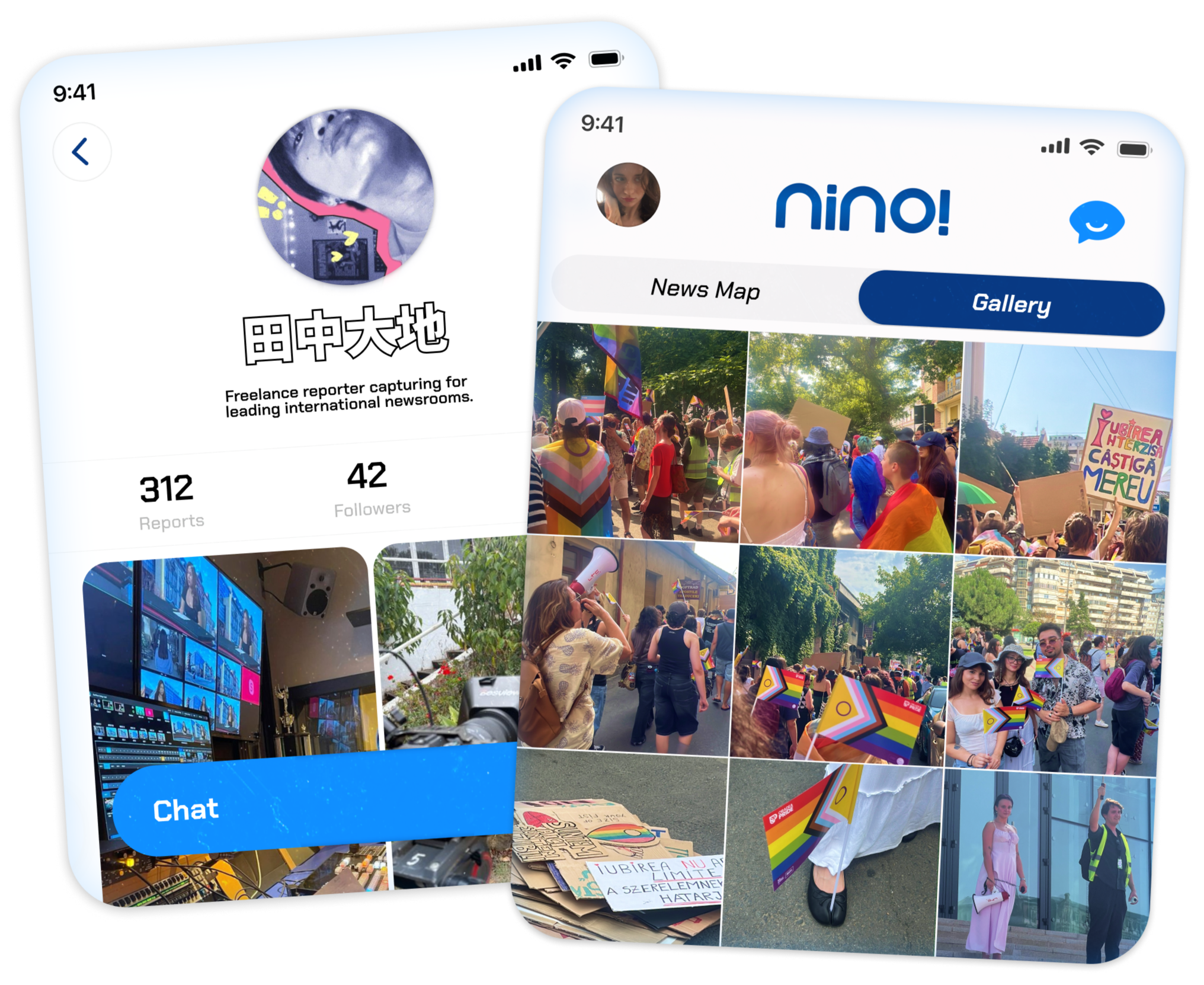 Collage of a mobile phone screen showing social media profiles and a live outdoor protest with a crowd, signs, and rainbow flags.