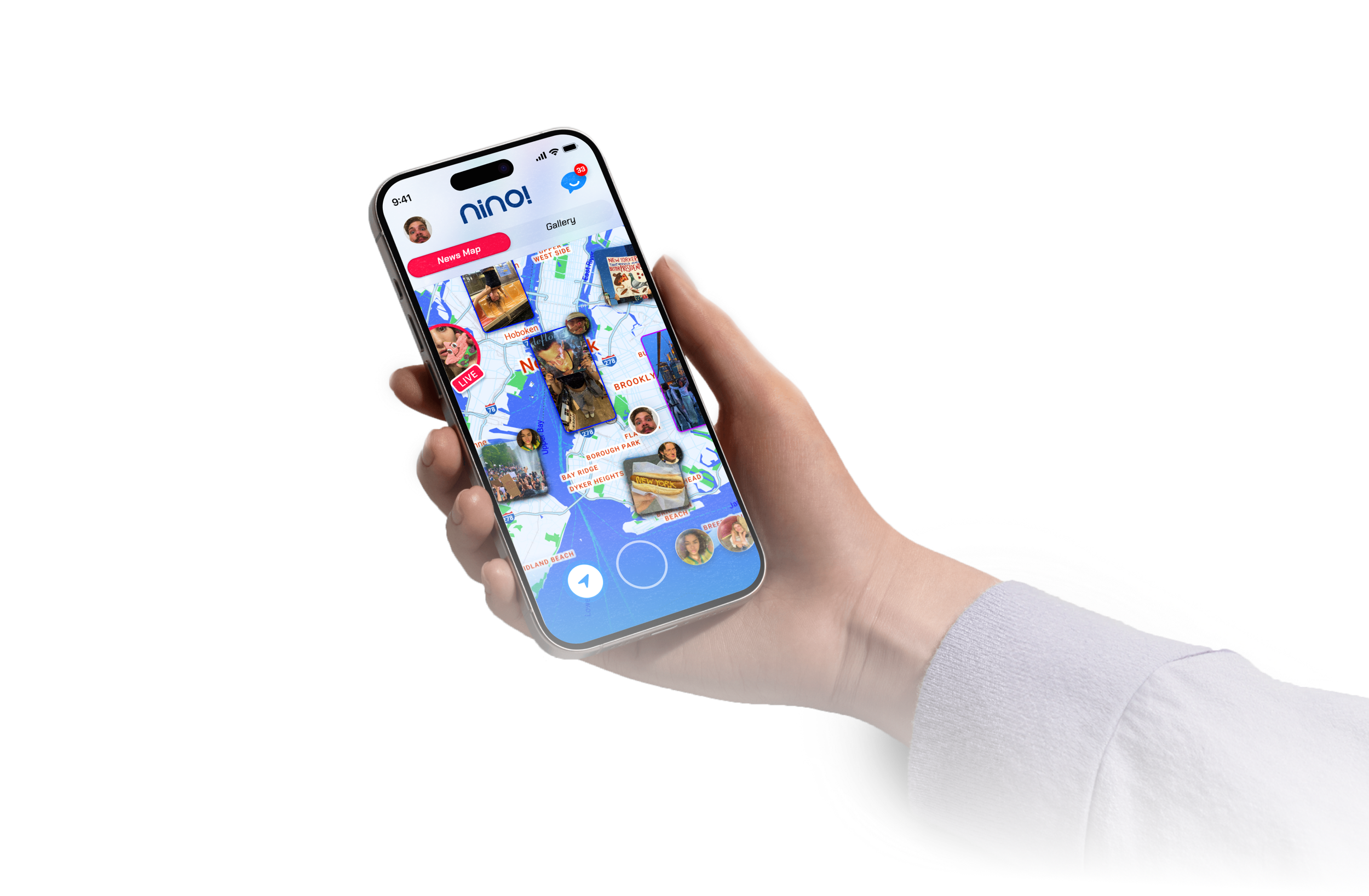Hand holding an iPhone displaying a map with small photos of people and locations, showing a social media or navigation app interface.