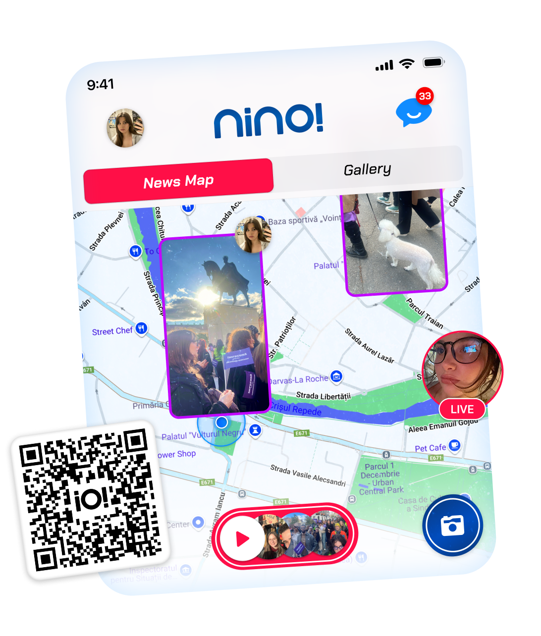 Screenshot of a mobile app called Nino with a map titled News Map featuring photos, videos, and live streams of people, animals, and outdoor scenes, along with a QR code and camera icon.