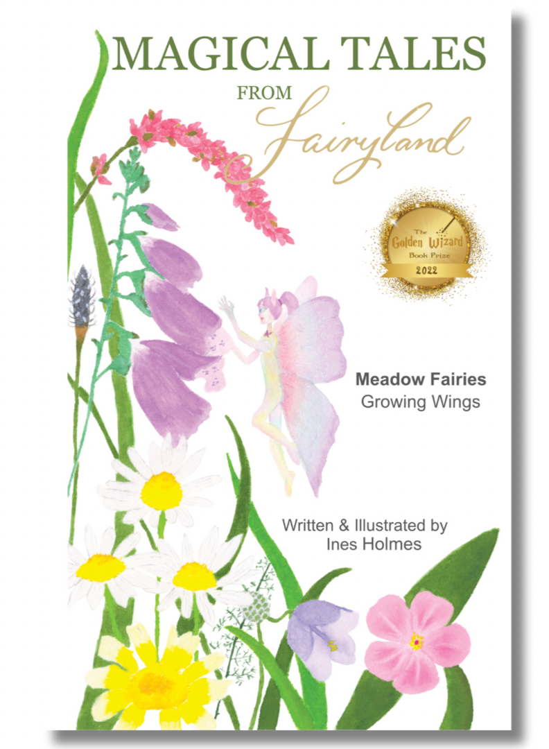 Image of book cover, fairy flying in meadow flowers