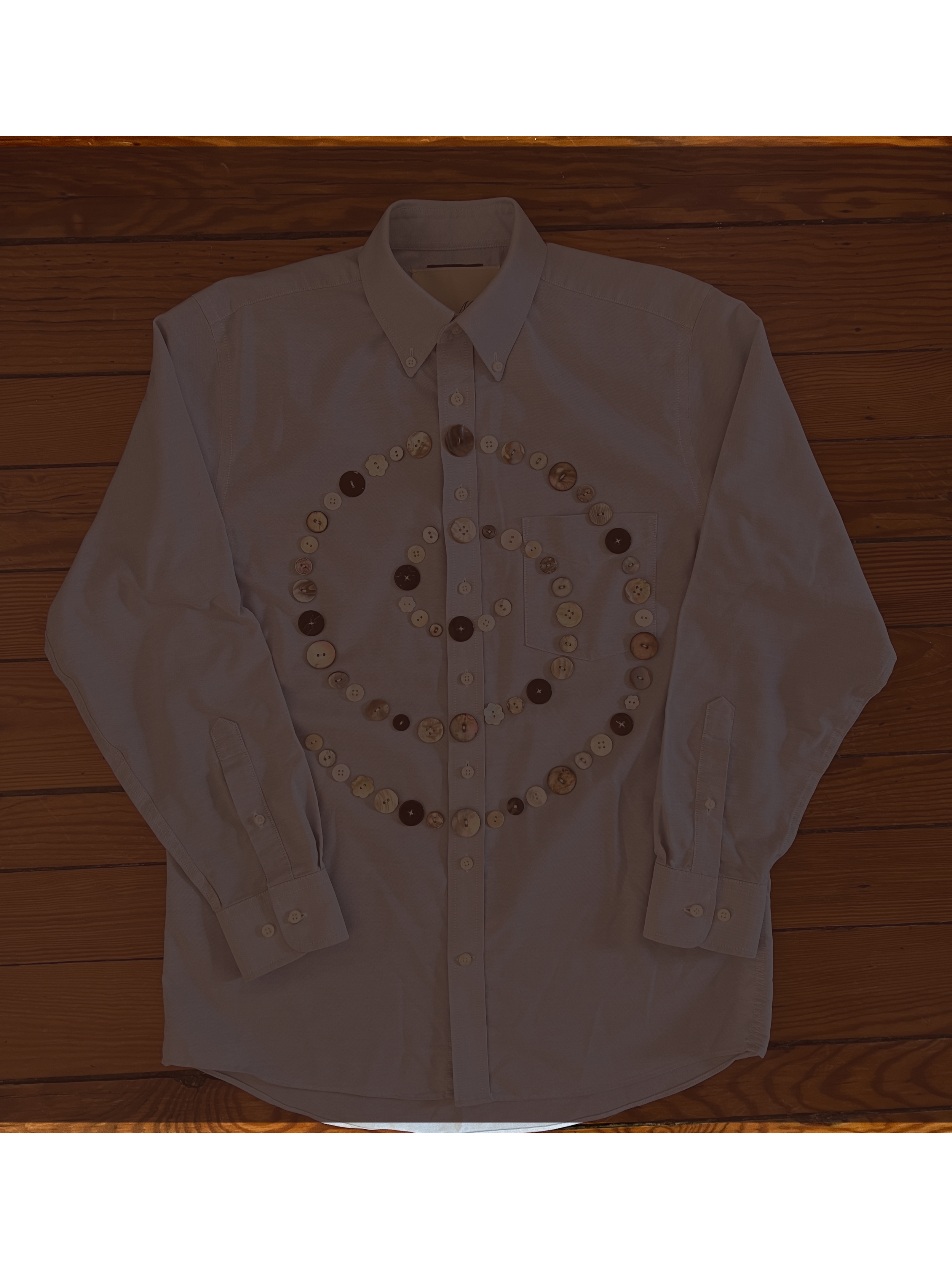 Button Shirt .31 | Size: 15-34 (men's M) | A thoughtfully sourced second-hand Stafford button-down featuring an assortment of hand-sewn shell buttons. Light Blue.