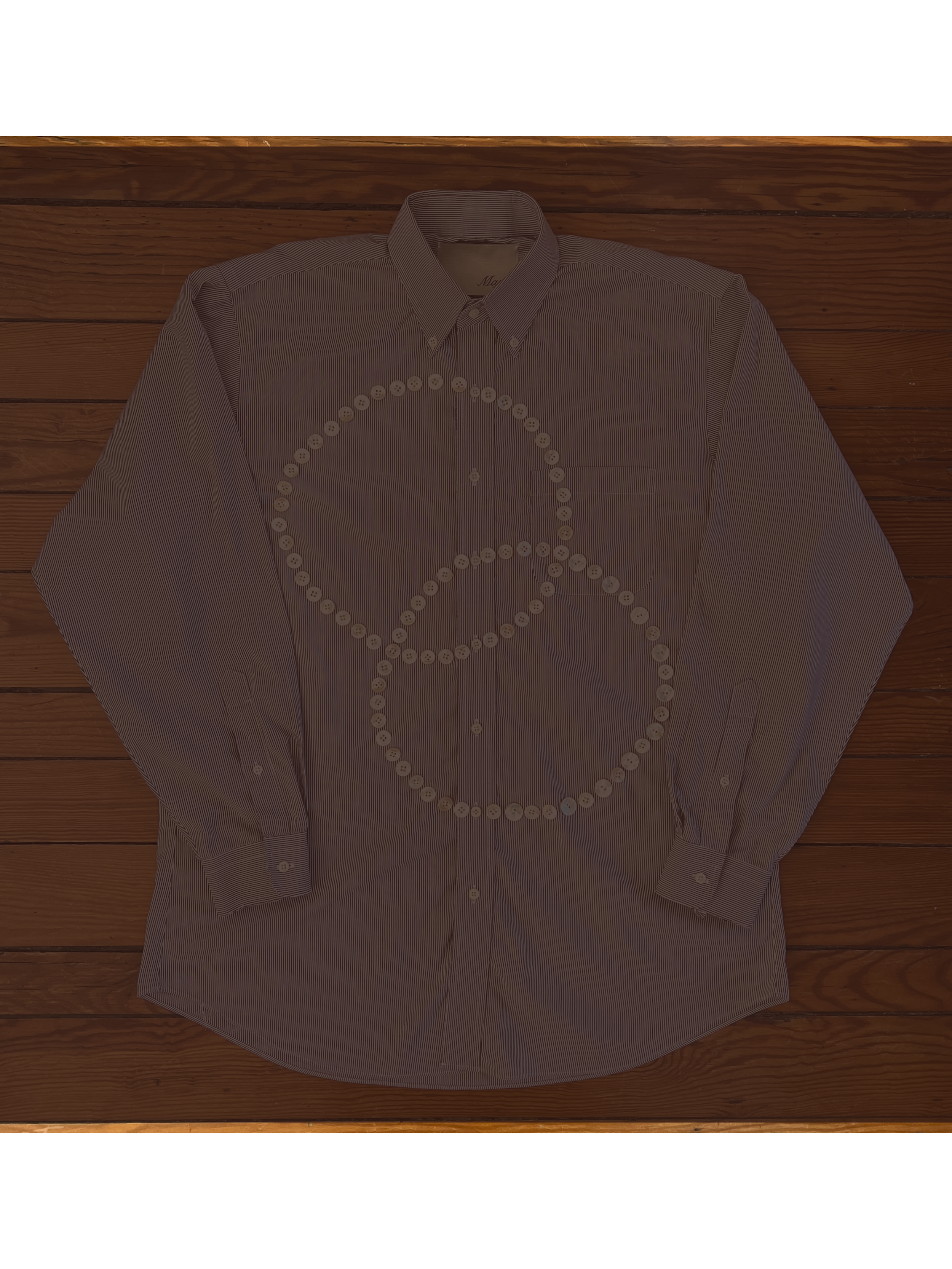 Button Shirt .24 | Size: 17-35 (men's XL) | A thoughtfully sourced second-hand Jos. A. Bank button-down featuring an assortment of hand-sewn mother-of-pearl buttons. Maroon and white stripe.