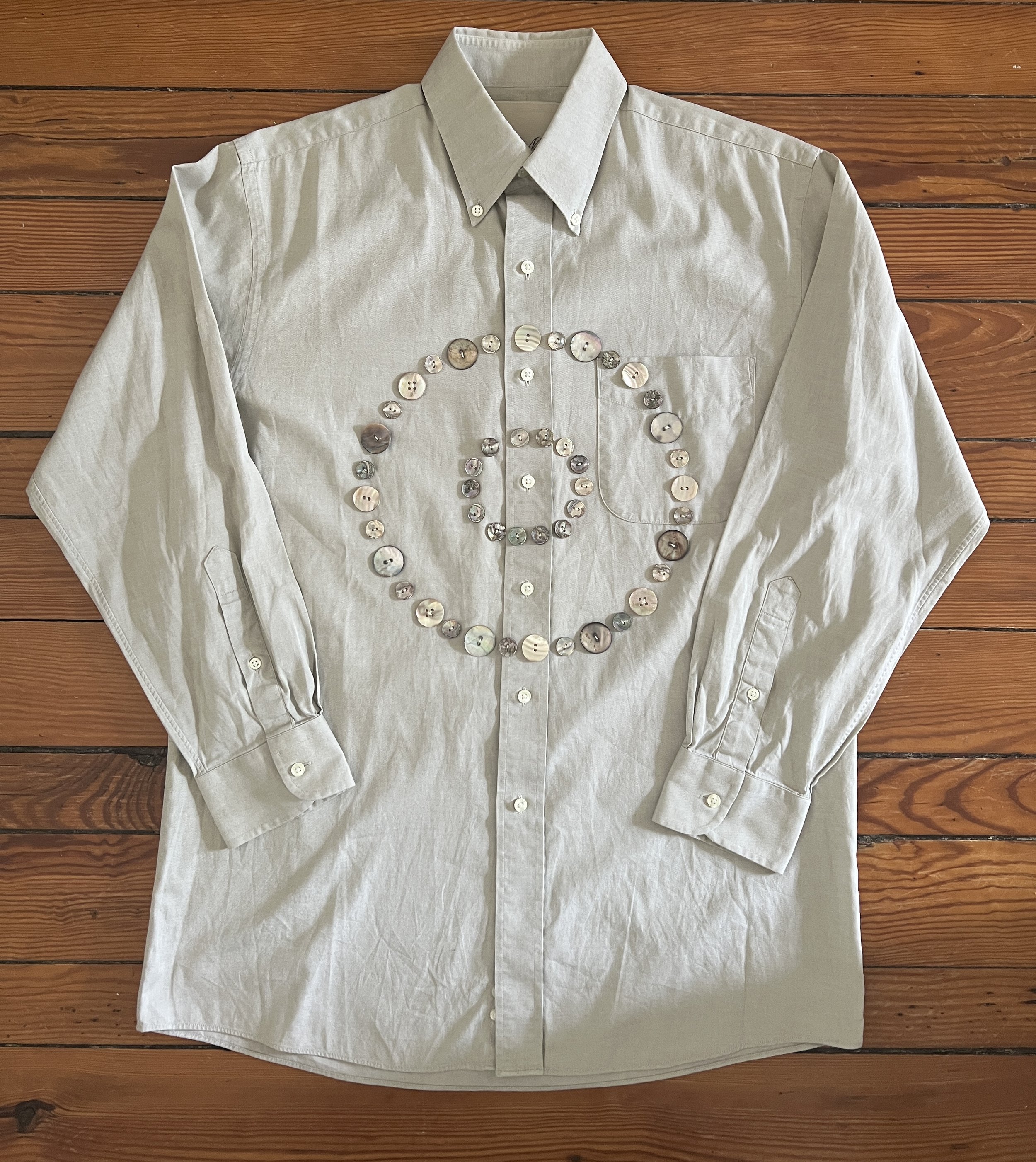 Button Shirt .29 | Size: 15 - 32 (men's M) | A thoughtfully sourced second-hand Jos. A. Bank button-down featuring an assortment of hand-sewn awabi shell buttons. Khaki. | $110 plus shipping, email mayashawcontact@gmail.com to purchase.
