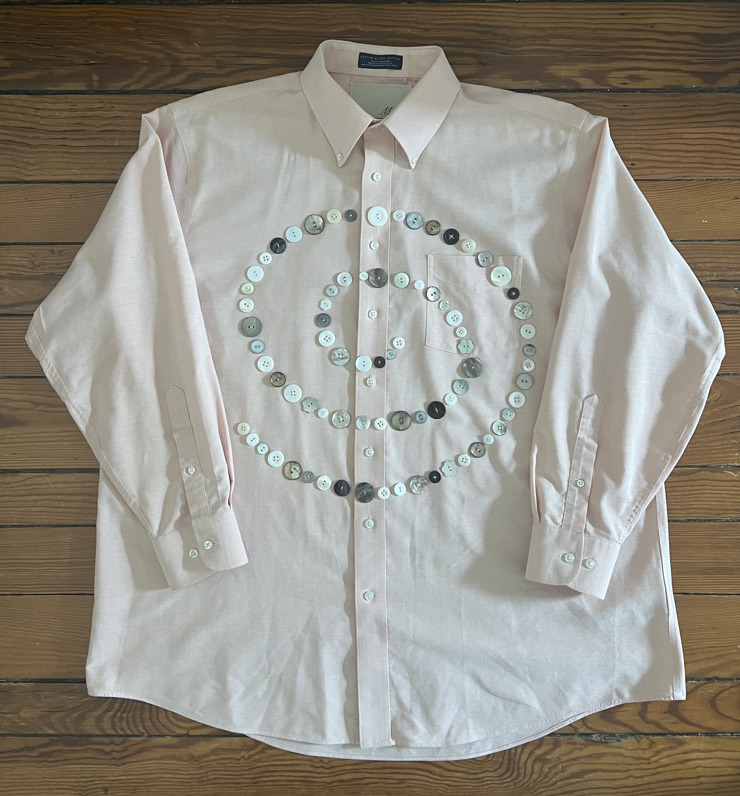 Button Shirt .26 | Size: 17 1/2-34 (men's XL) | A thoughtfully sourced second-hand Jos. A. Bank button-down featuring an assortment of hand-sewn shell buttons. Baby pink. | $120 plus shipping, email mayashawcontact@gmail.com to purchase.