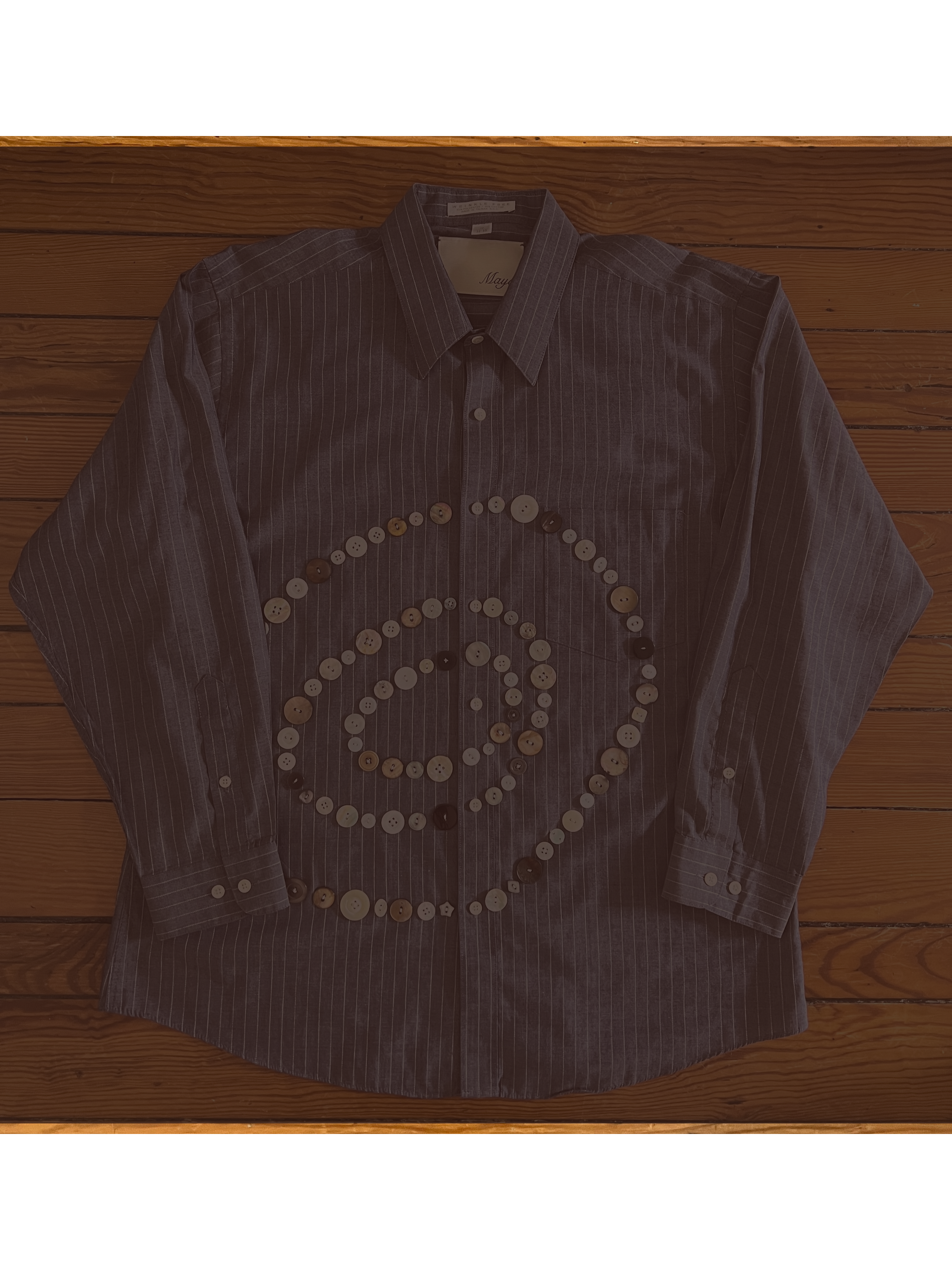 Button Shirt .28 | Size: 17-32 (men's XL fits like a size L) | A thoughtfully sourced second-hand John Henry button-up featuring an assortment of hand-sewn shell buttons. Dark gray and white stripes.