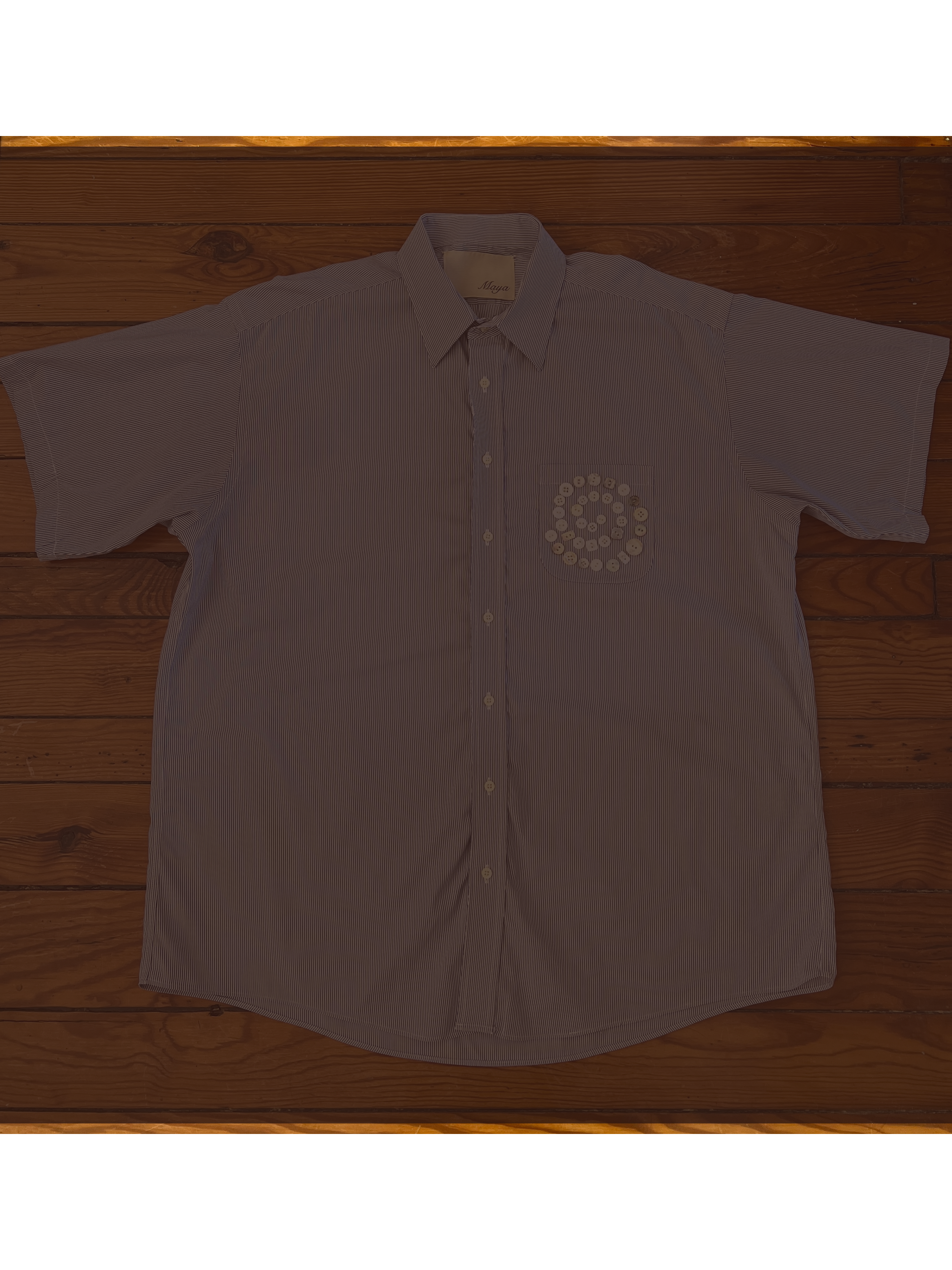 Button Shirt .17 | Size: 17 -34 (men's XL) | A thoughtfully sourced second-hand Jos. A. Bank button-up featuring an assortment of hand-sewn buttons recycled from previous button-down projects. Blue and white stripes.