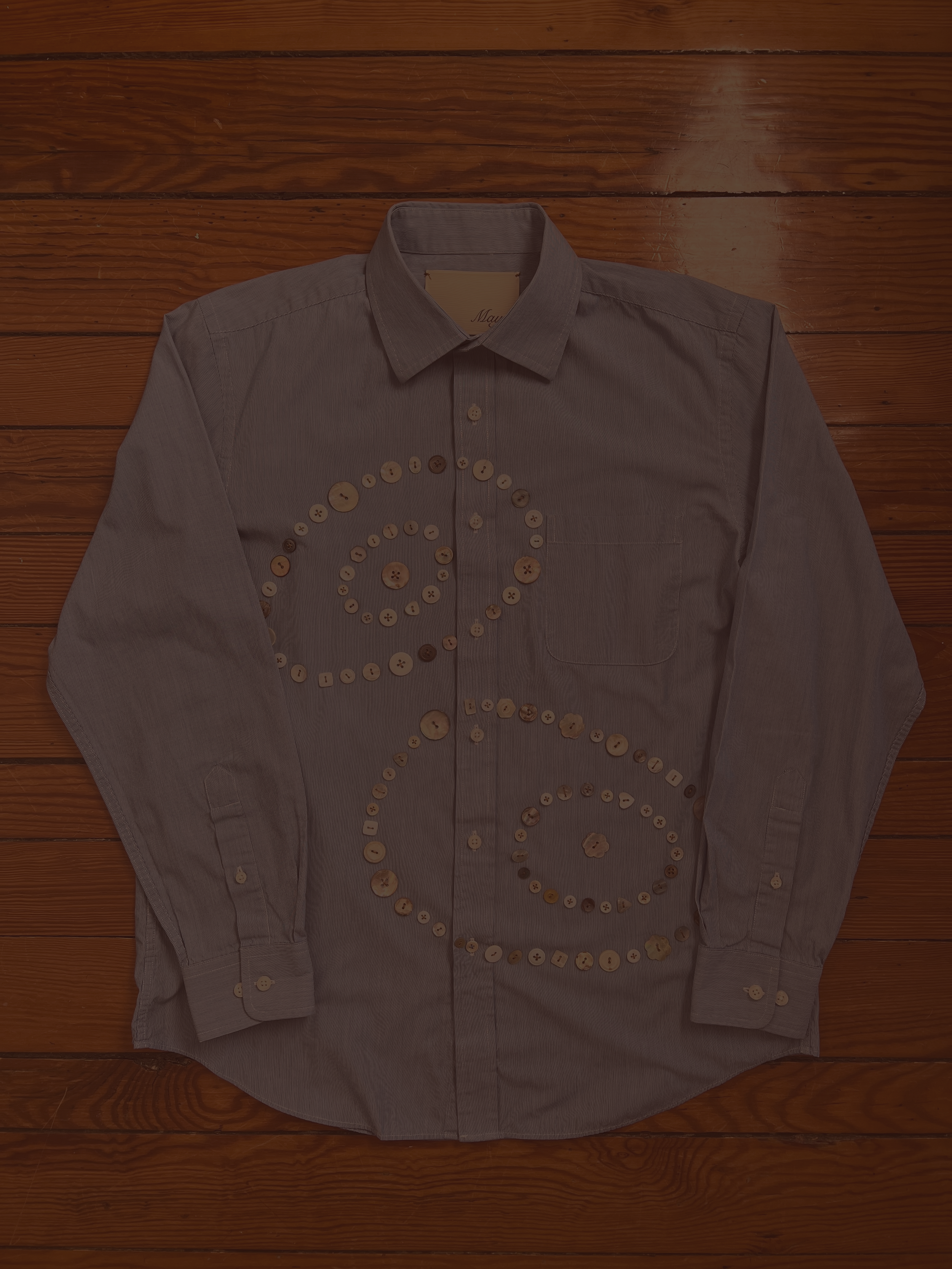 Button Shirt .33 | Size: 16 (men's L) | A thoughtfully sourced second-hand button-up featuring an assortment of hand-sewn awabi shell buttons. Light blue with stripes. 