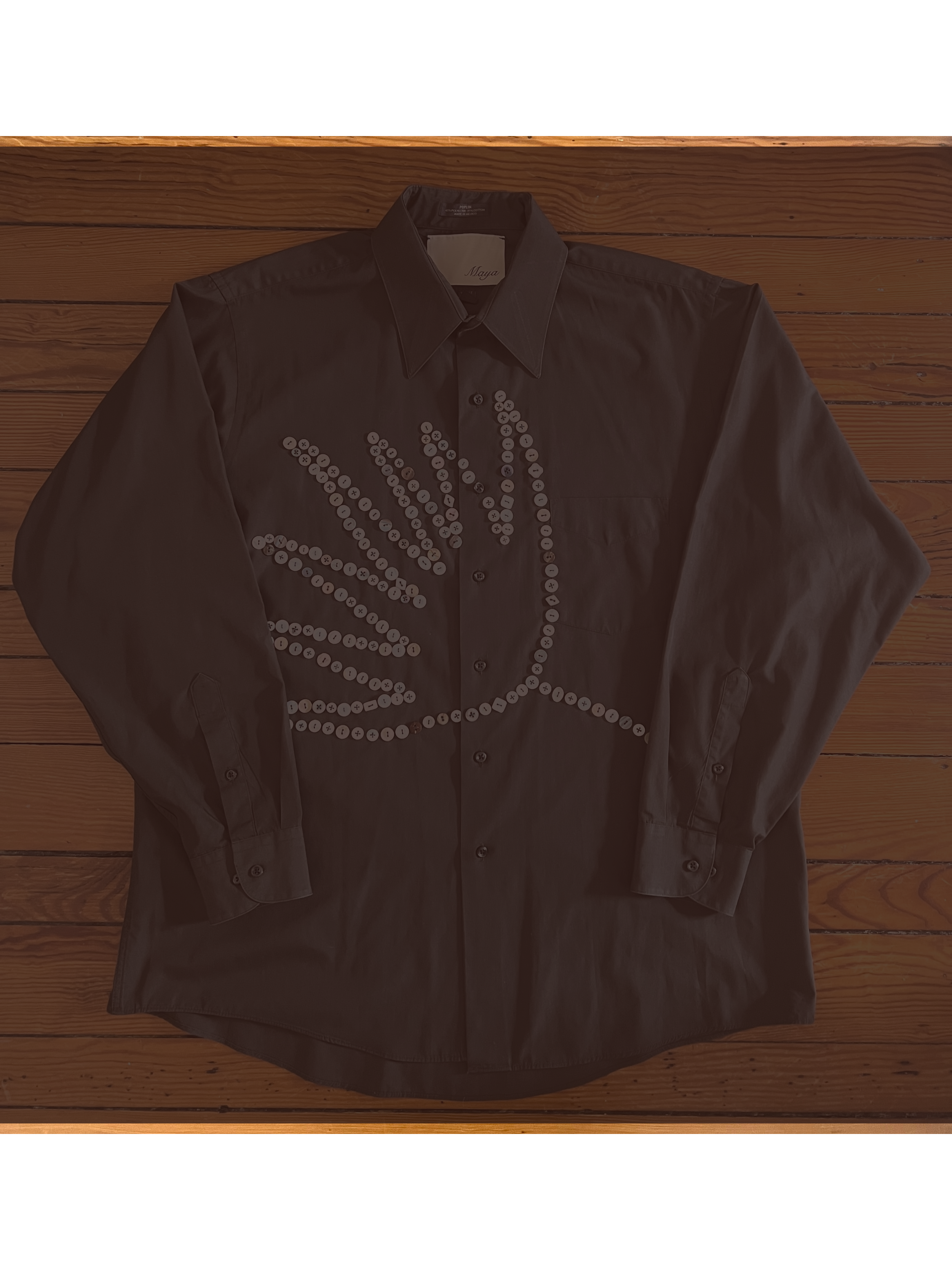 Button Shirt .27 | Size: 17-34 (men's XL) | A thoughtfully sourced second-hand Arrow button-up featuring an assortment of hand-sewn mother of pearl and shell buttons. Dark green.