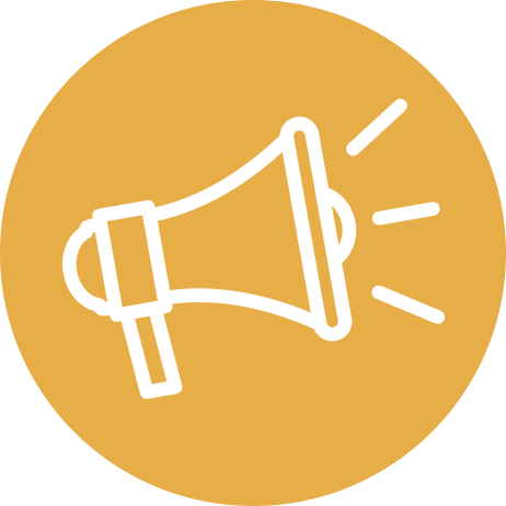 White megaphone icon on yellow background